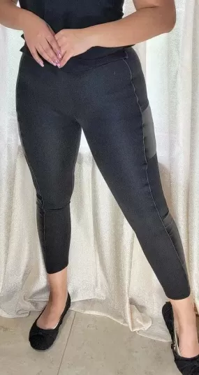 Faux Leather Panel Leggings with Elastic Waist