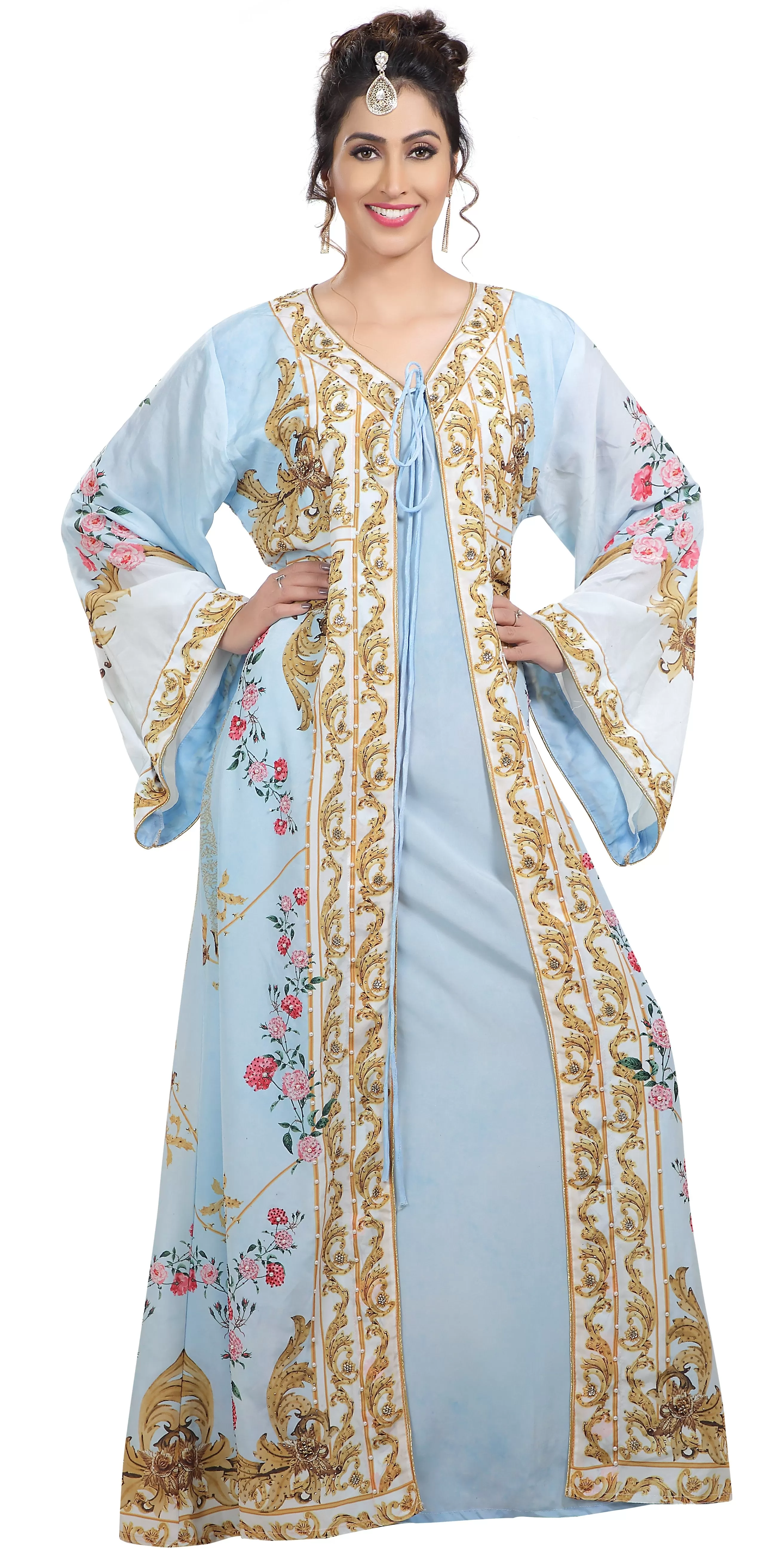 Floral Digital Printed Kaftan with Pearl Beads