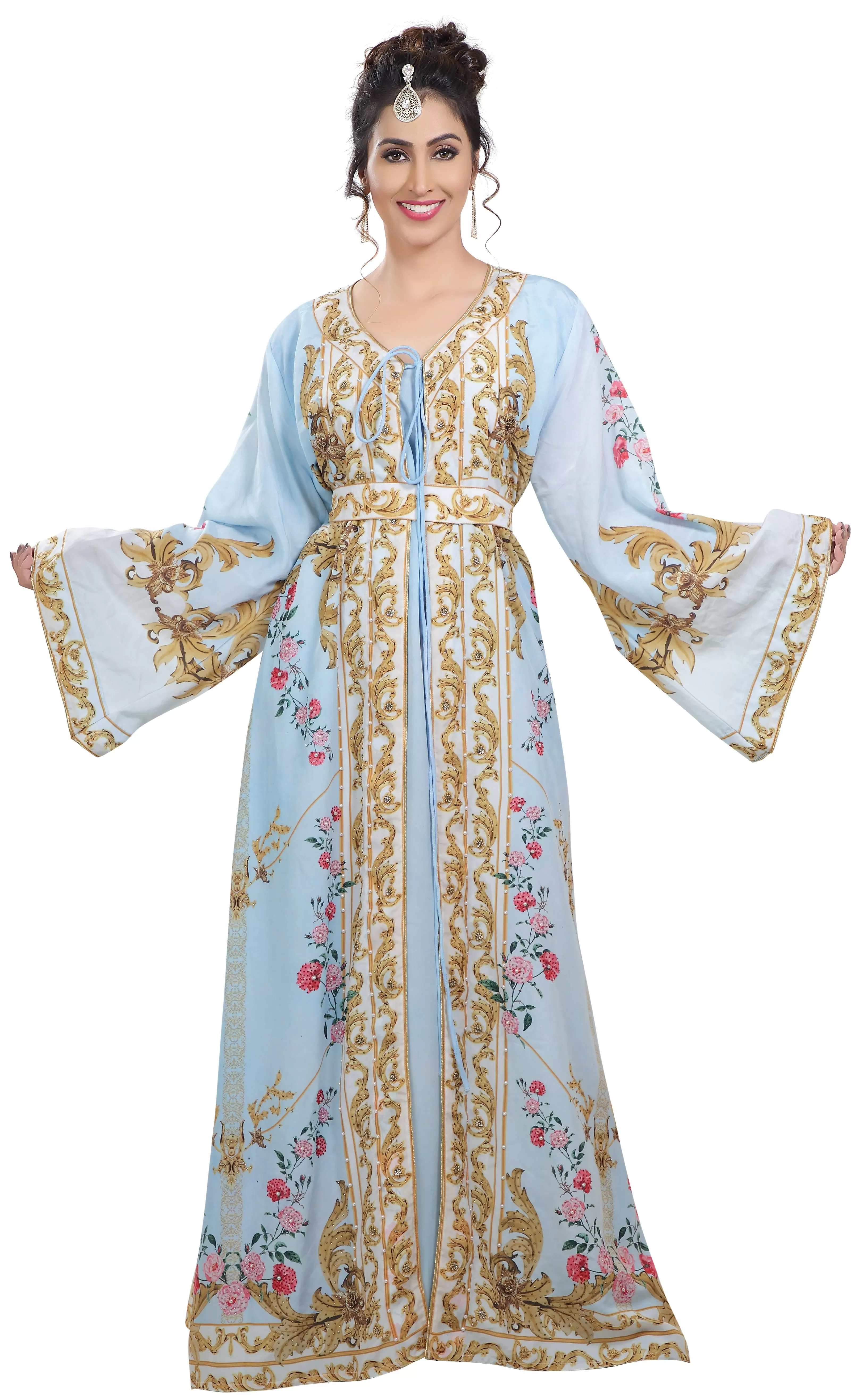 Floral Digital Printed Kaftan with Pearl Beads