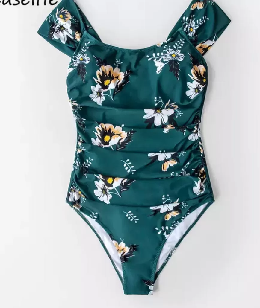 Floral print swimsuit in teal