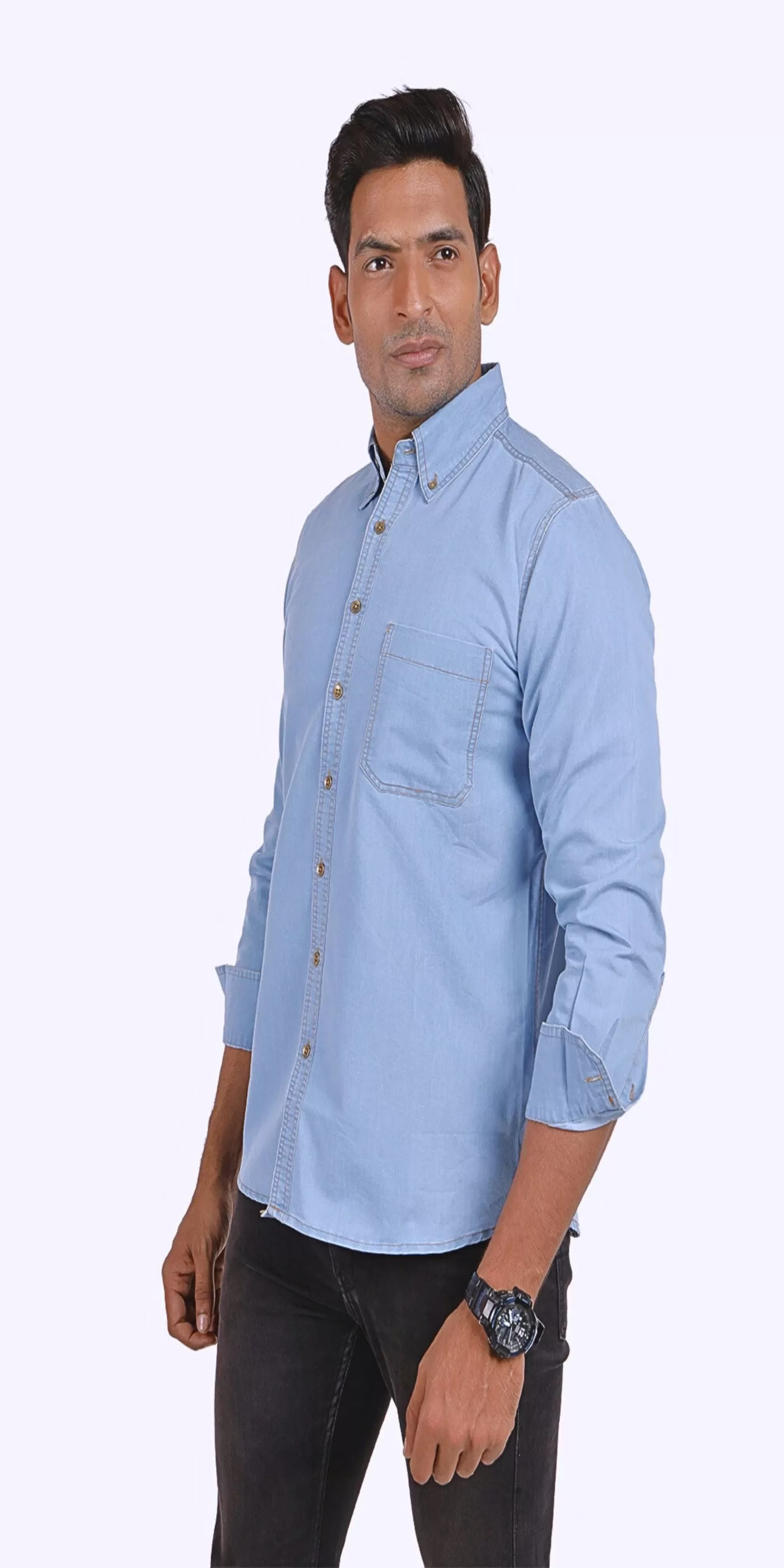 Fresh Blue Ice Denim Button Down Collar Shirt