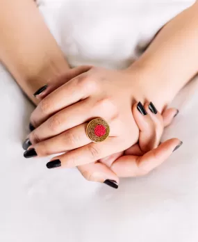 Gold and Pink Embroidered Patterned Ring