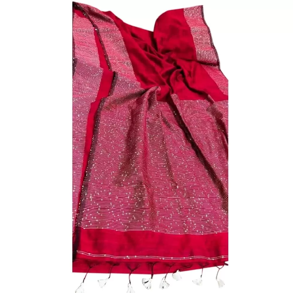 Handloom Cotton Silk Saree with Sequin Work - Red