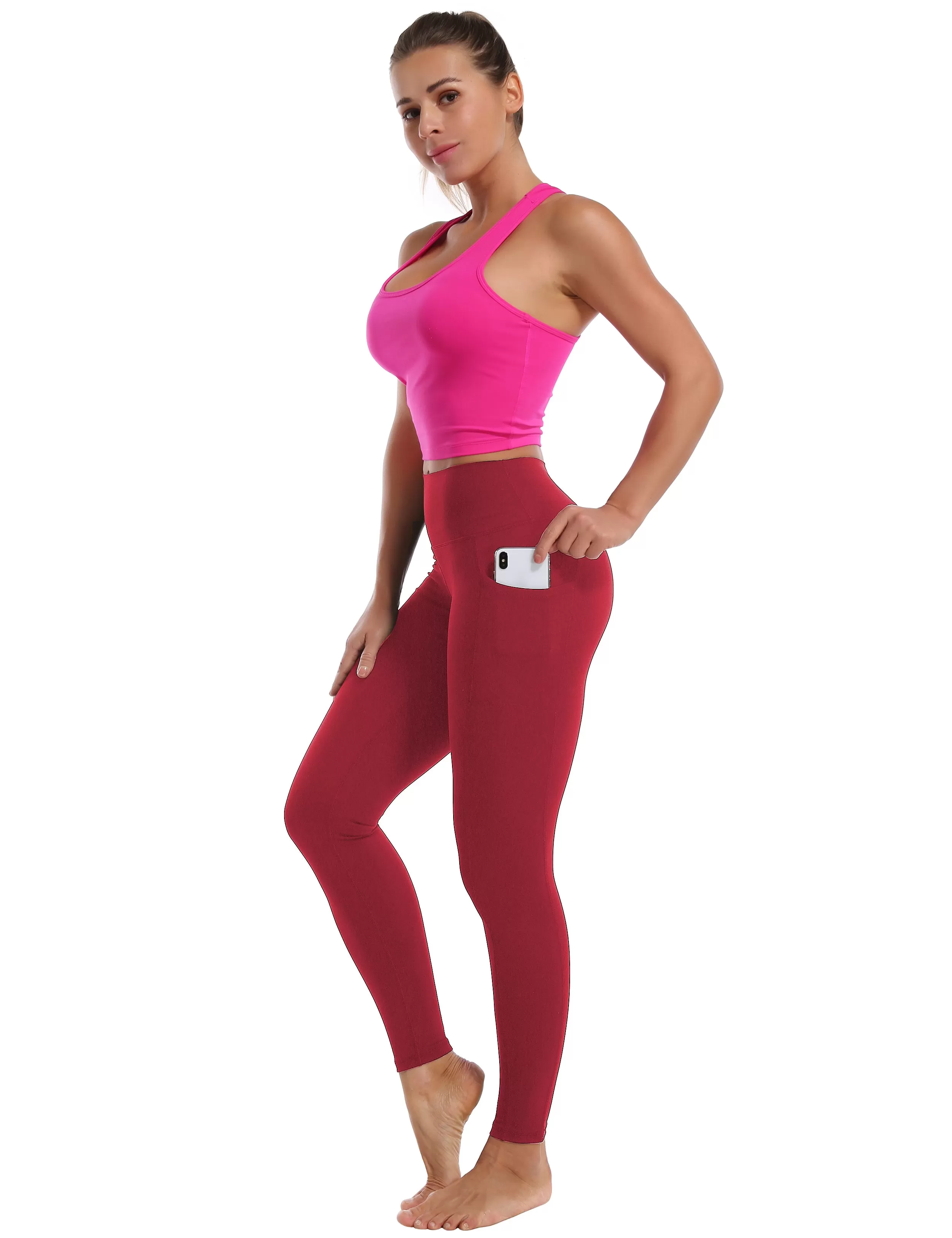 High Waisted Yoga Pants 7/8 Length Leggings with Pockets red