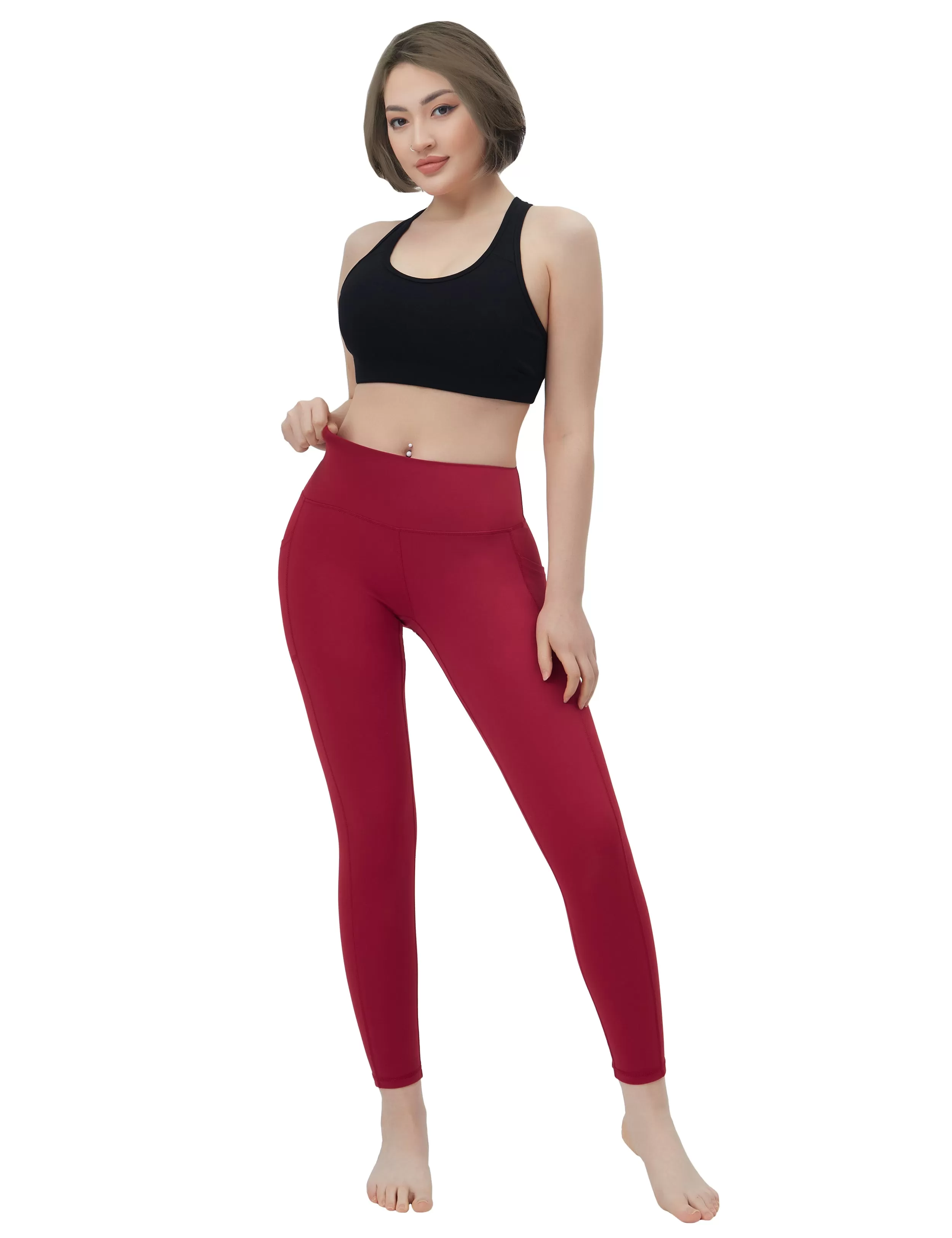 High Waisted Yoga Pants 7/8 Length Leggings with Pockets red