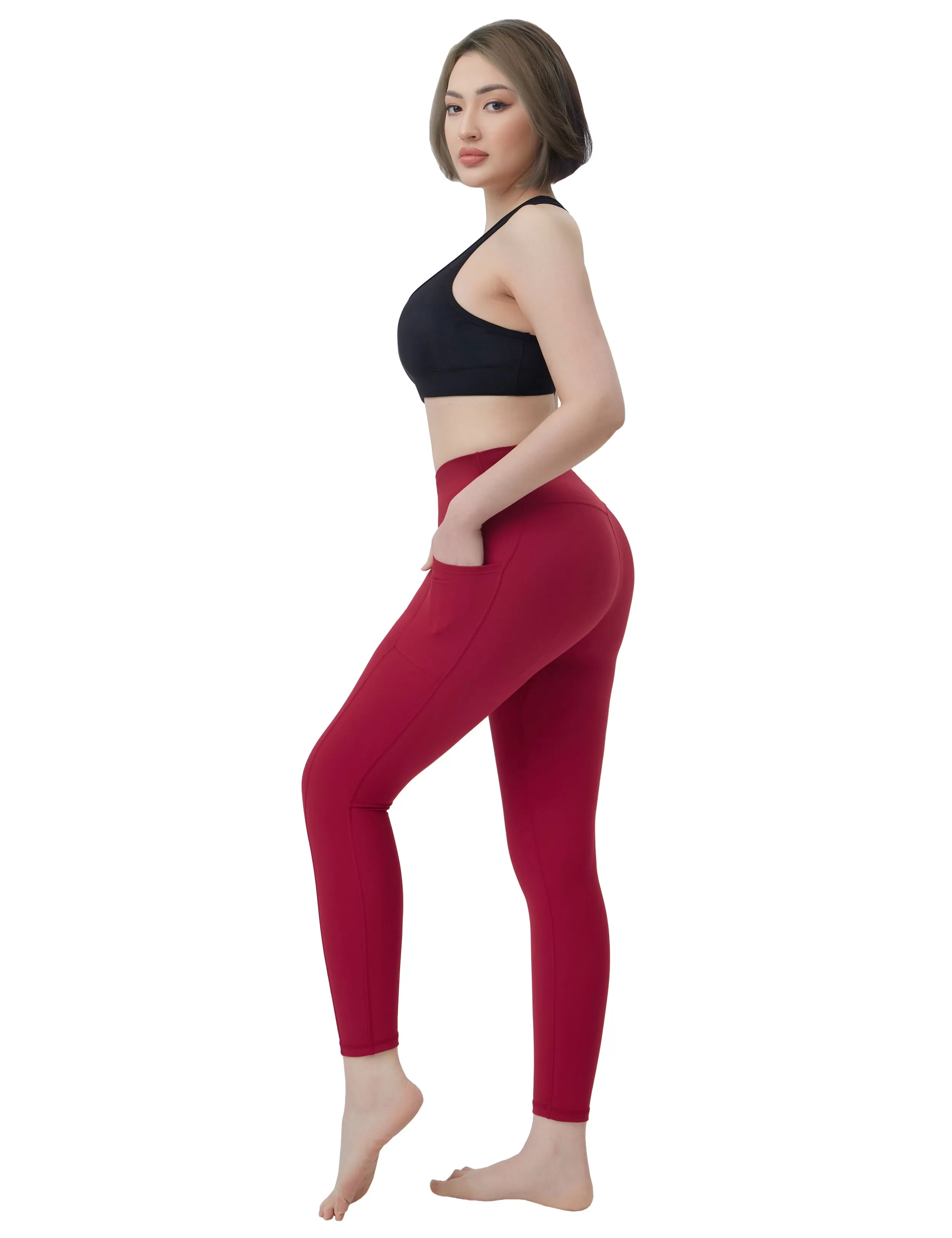 High Waisted Yoga Pants 7/8 Length Leggings with Pockets red