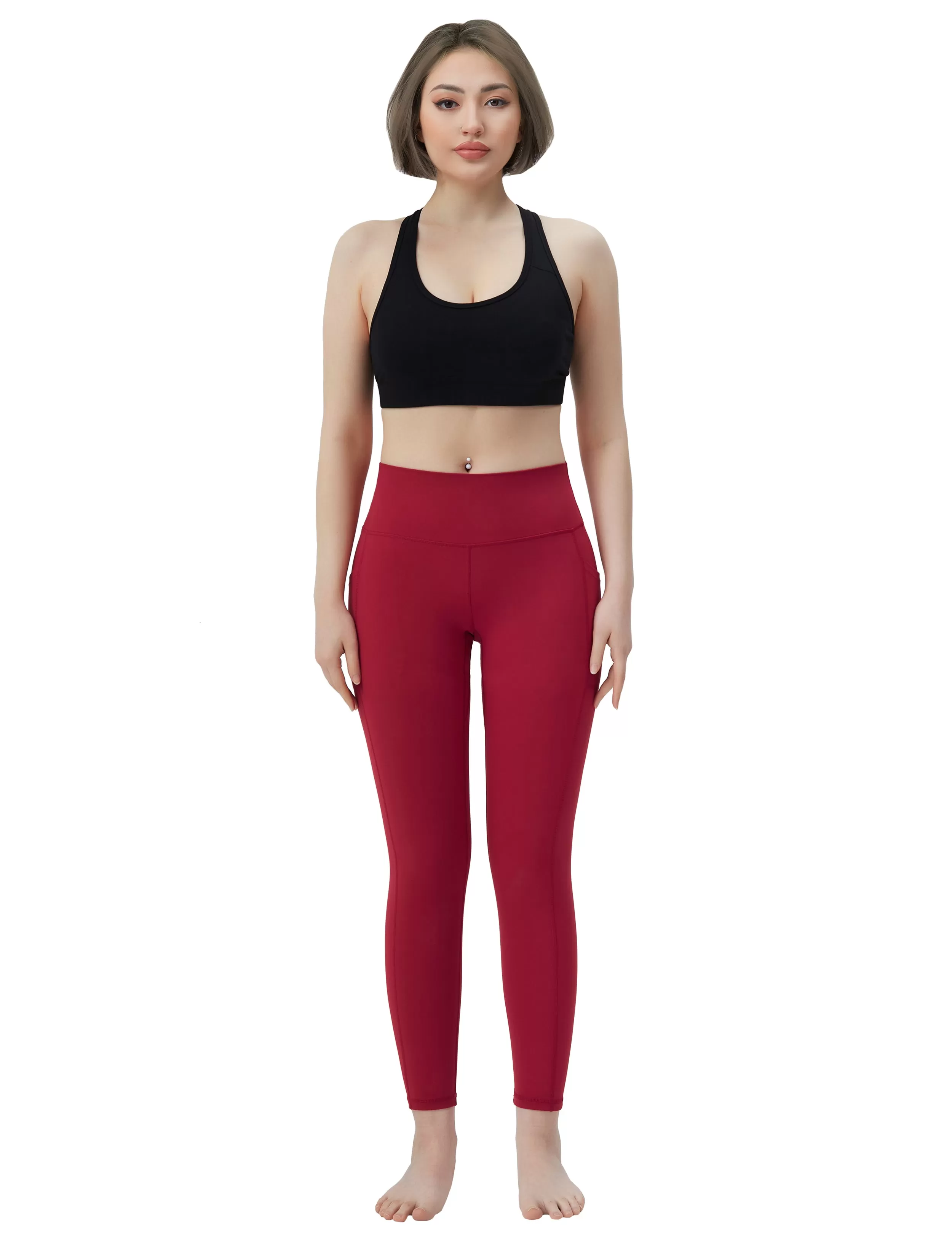 High Waisted Yoga Pants 7/8 Length Leggings with Pockets red