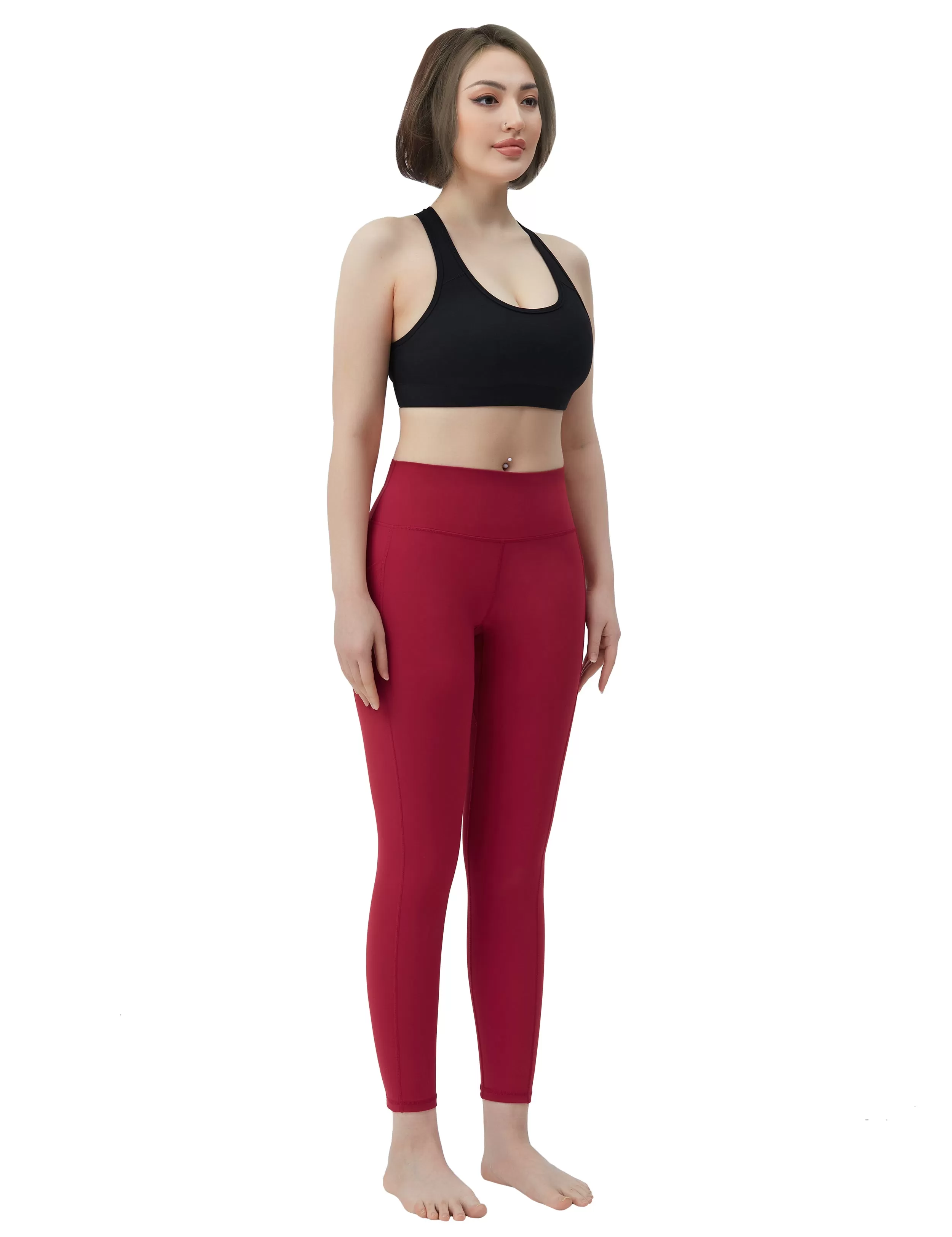 High Waisted Yoga Pants 7/8 Length Leggings with Pockets red