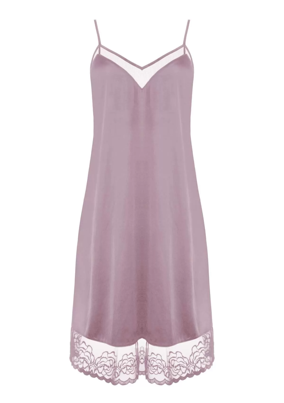 HSIA V-Neck Silky Chemise with Rose-Patterned Lace Trim