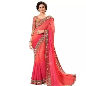 Ishin Poly Georgette Pink Beads and Stones Embellished Women's Saree