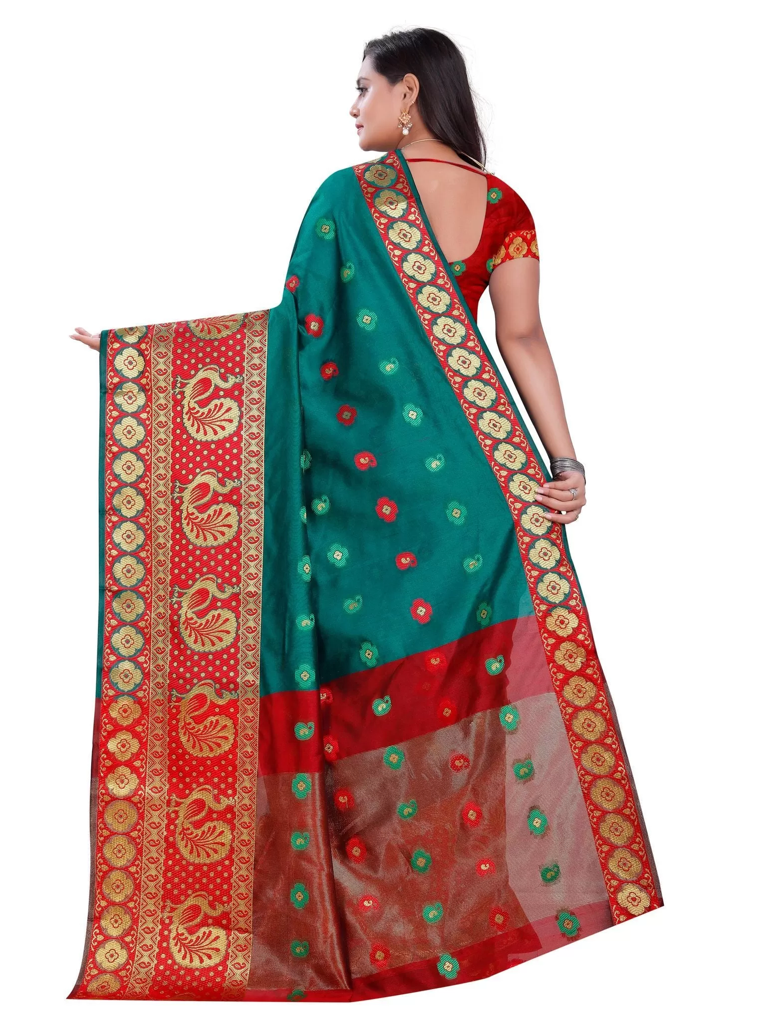 Ishin Poly Silk Green Woven Women's Saree With Golden Zari Border