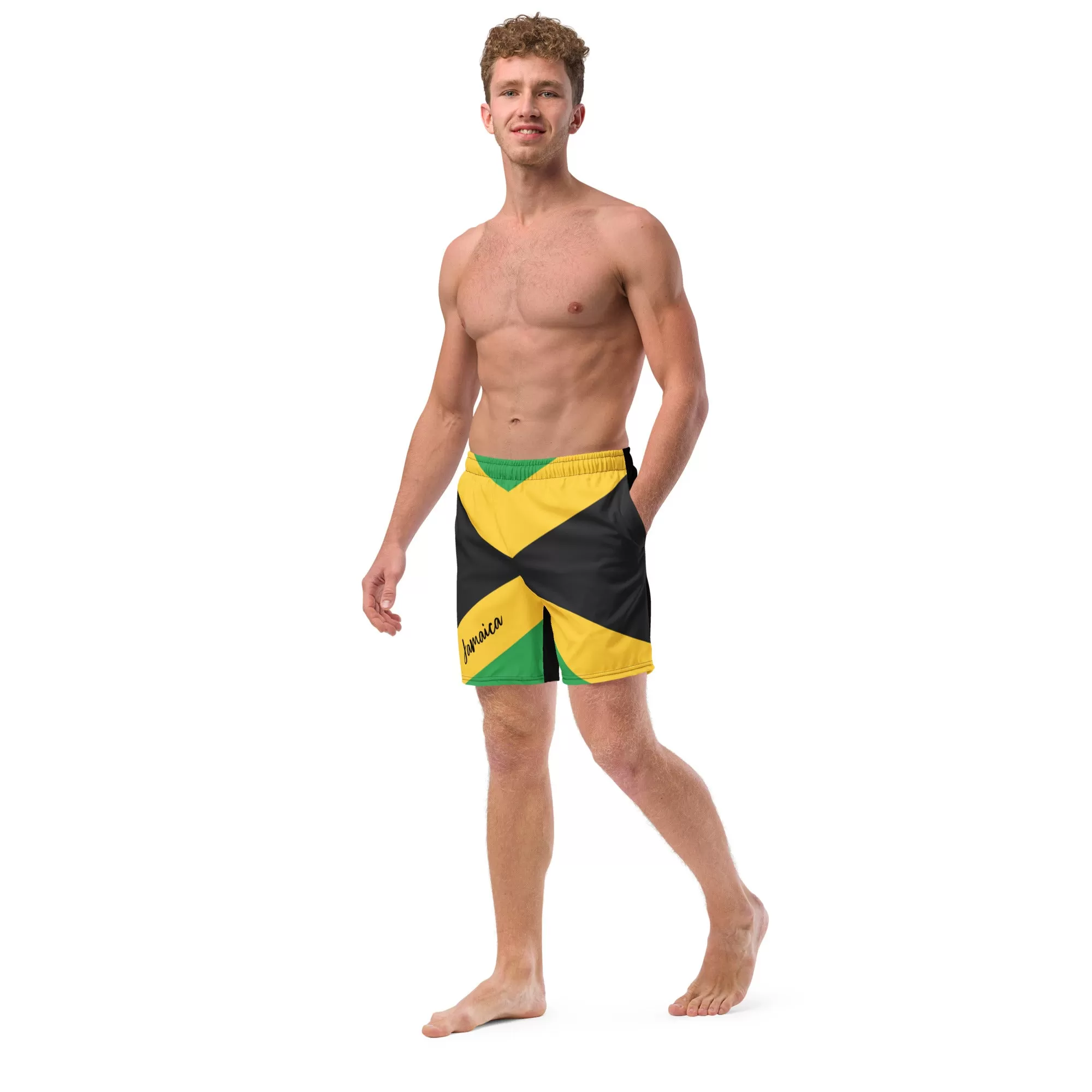 Jamaica Flag Mens Swim Trunks / Eco Friendly Swim Trunks For Men / Mesh Pockets / Small Inside Pocket For Valuables