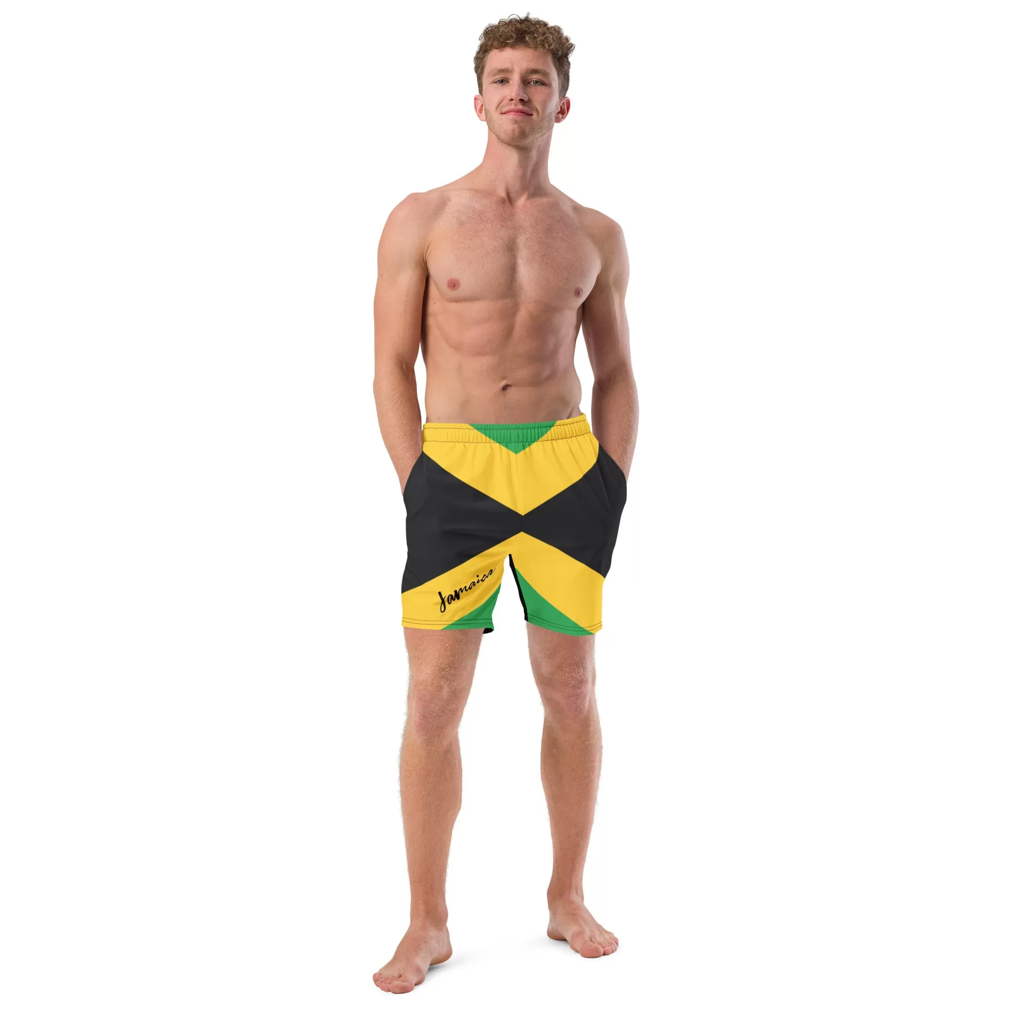 Jamaica Flag Mens Swim Trunks / Eco Friendly Swim Trunks For Men / Mesh Pockets / Small Inside Pocket For Valuables