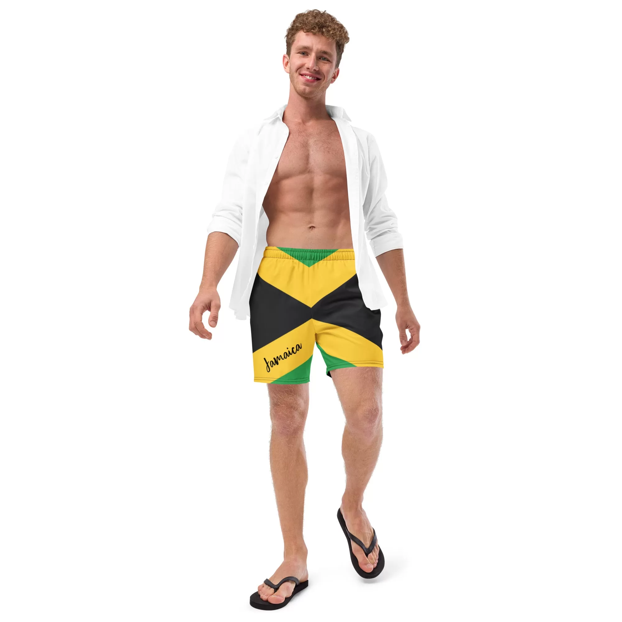 Jamaica Flag Mens Swim Trunks / Eco Friendly Swim Trunks For Men / Mesh Pockets / Small Inside Pocket For Valuables