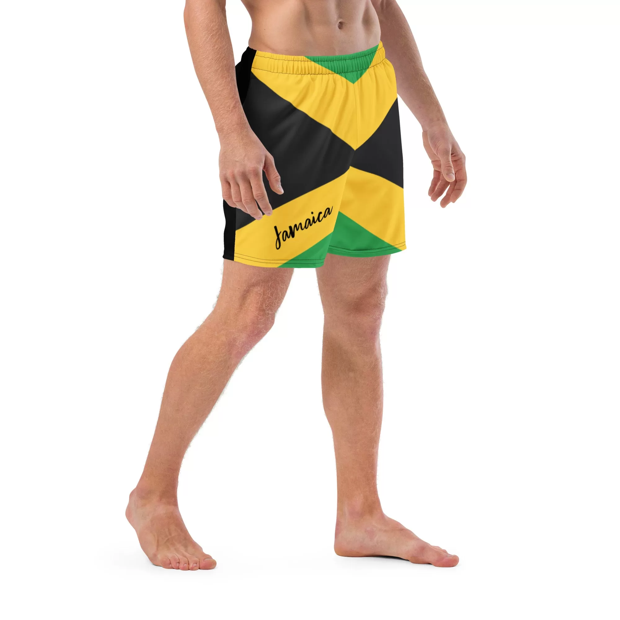 Jamaica Flag Mens Swim Trunks / Eco Friendly Swim Trunks For Men / Mesh Pockets / Small Inside Pocket For Valuables