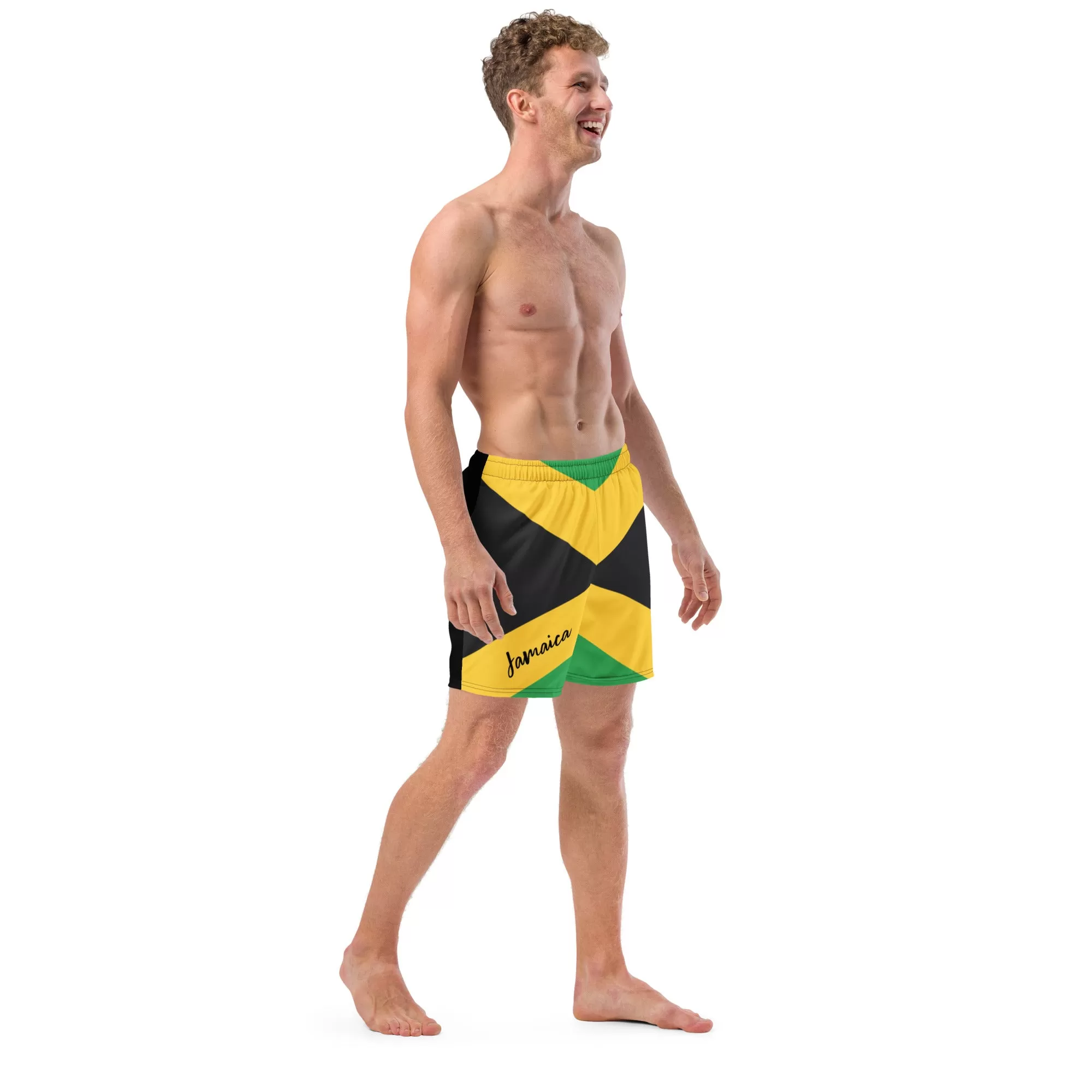 Jamaica Flag Mens Swim Trunks / Eco Friendly Swim Trunks For Men / Mesh Pockets / Small Inside Pocket For Valuables