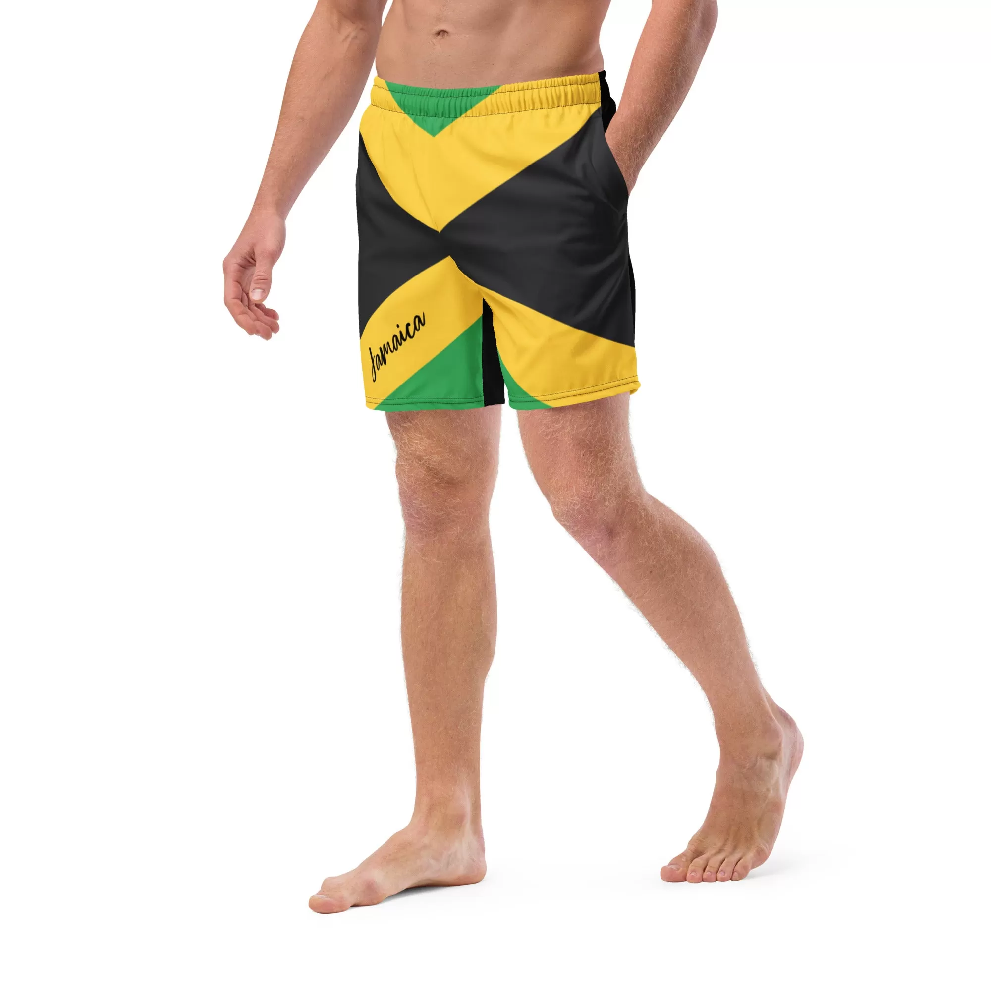 Jamaica Flag Mens Swim Trunks / Eco Friendly Swim Trunks For Men / Mesh Pockets / Small Inside Pocket For Valuables