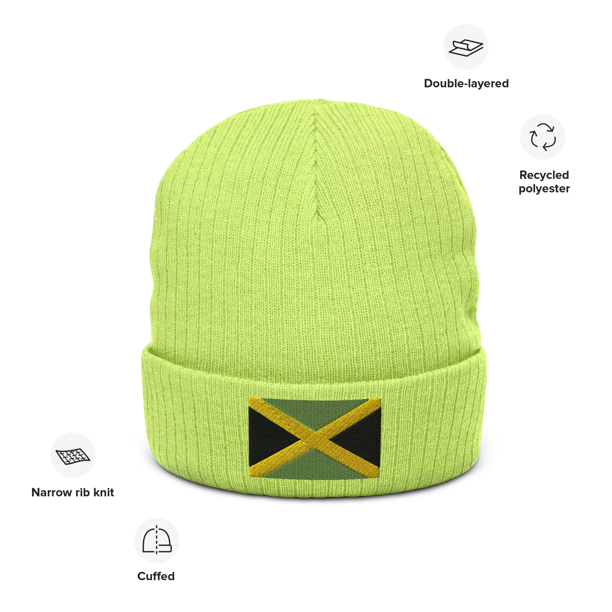 Jamaican Beanie Hat / Ribbed Knit Hat With Embroidered Jamaica Flag / 8 Colors Available / Recycled Polyester