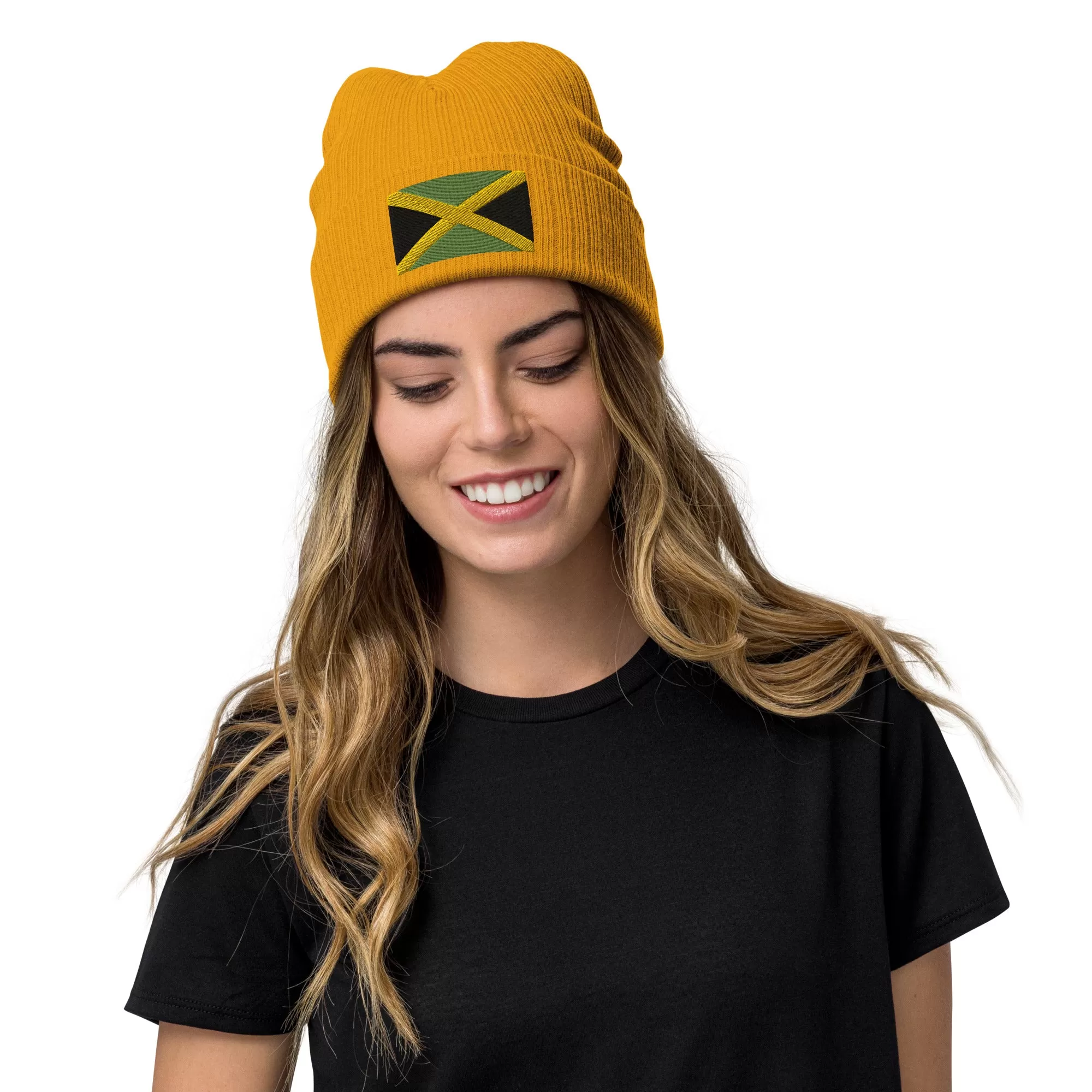 Jamaican Beanie Hat / Ribbed Knit Hat With Embroidered Jamaica Flag / 8 Colors Available / Recycled Polyester