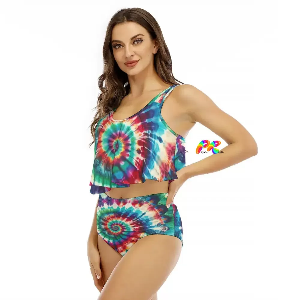 Jewel Swirl Tie Dye Ruffled Top Bikini