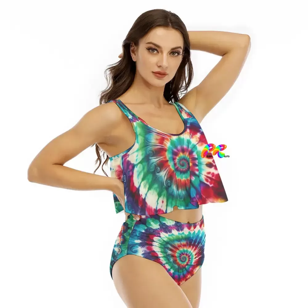 Jewel Swirl Tie Dye Ruffled Top Bikini