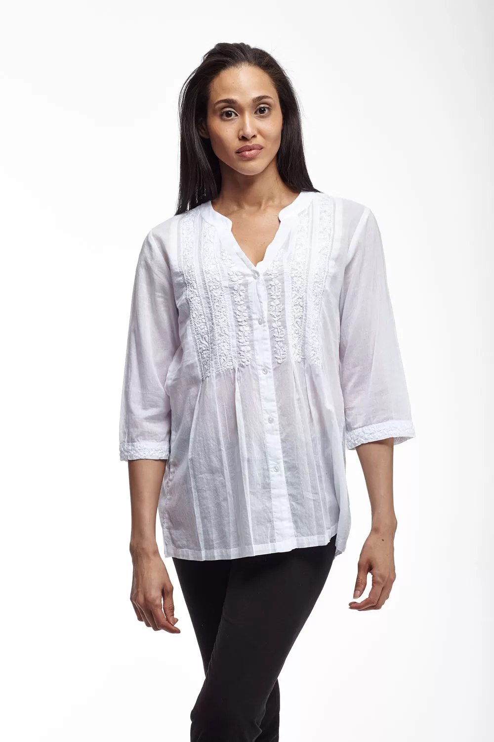 La Cera 100% Cotton Button Front Embroidered Top