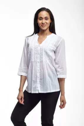 La Cera 100% Cotton Button Front Embroidered Top