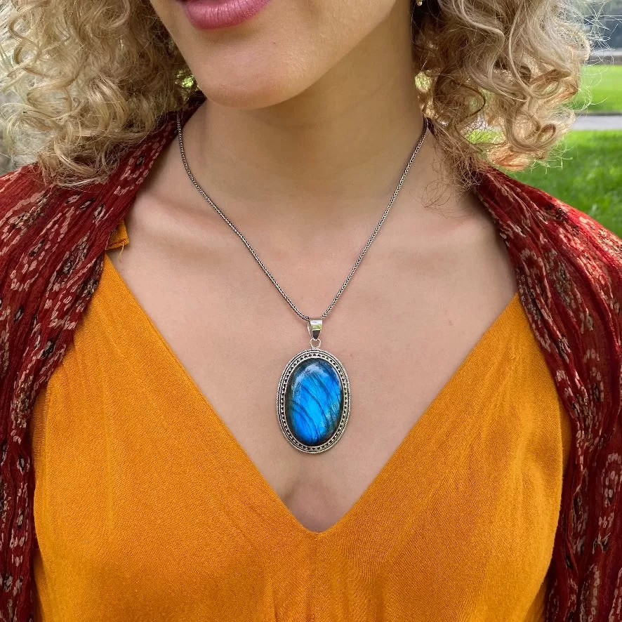 Labradorite Large Oval Gem Pendant - Tulsi