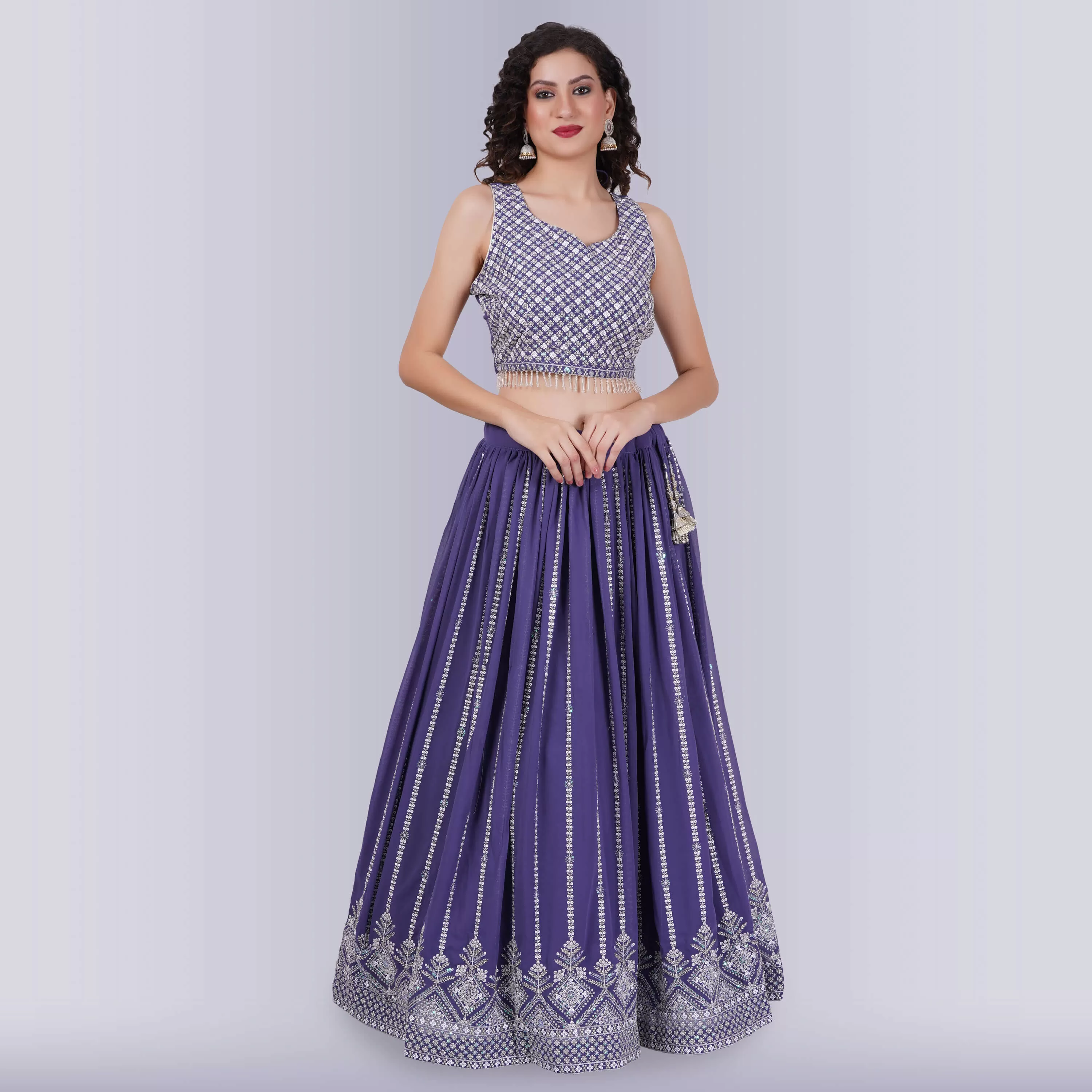 Lehenga Choli With White Sequin - Purple