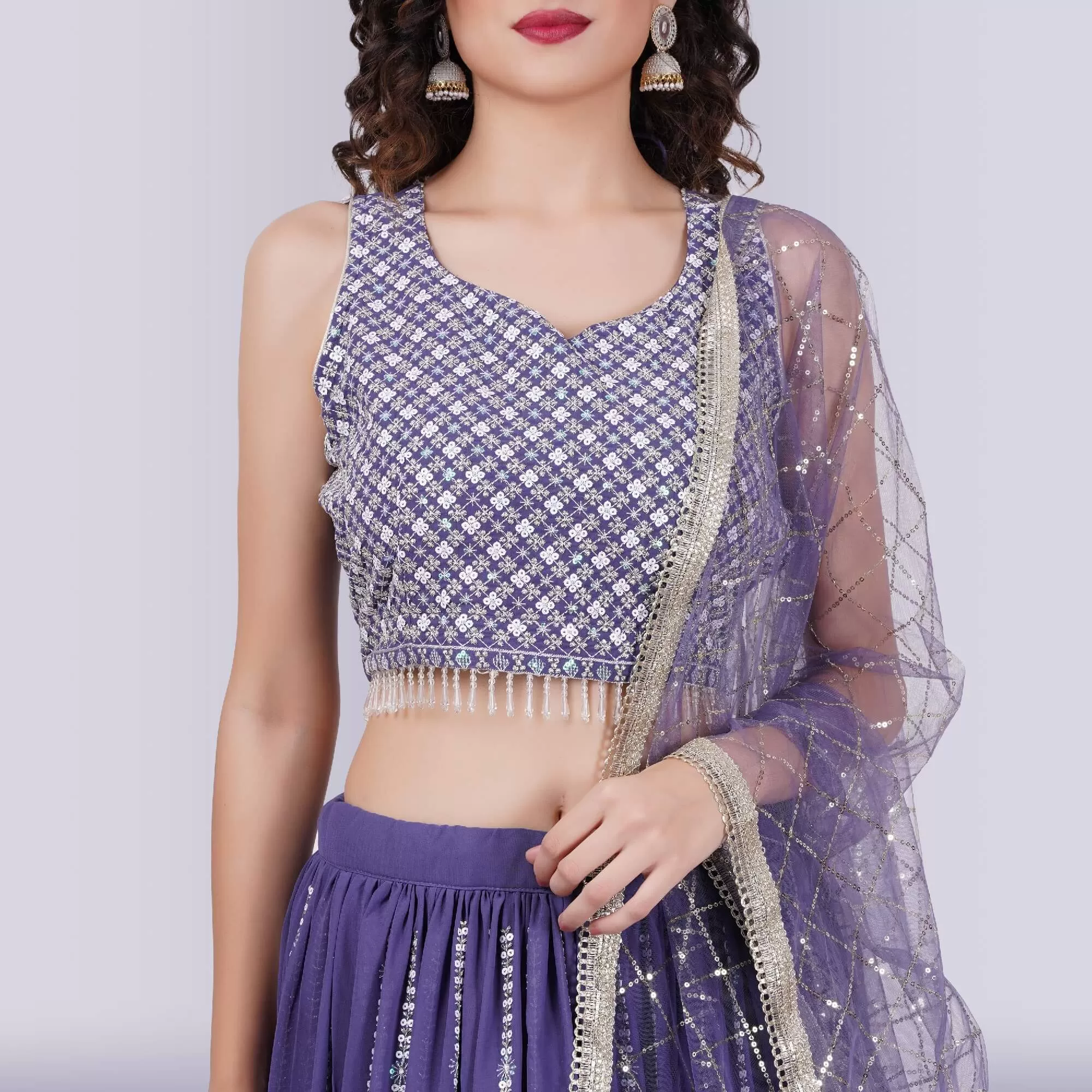 Lehenga Choli With White Sequin - Purple