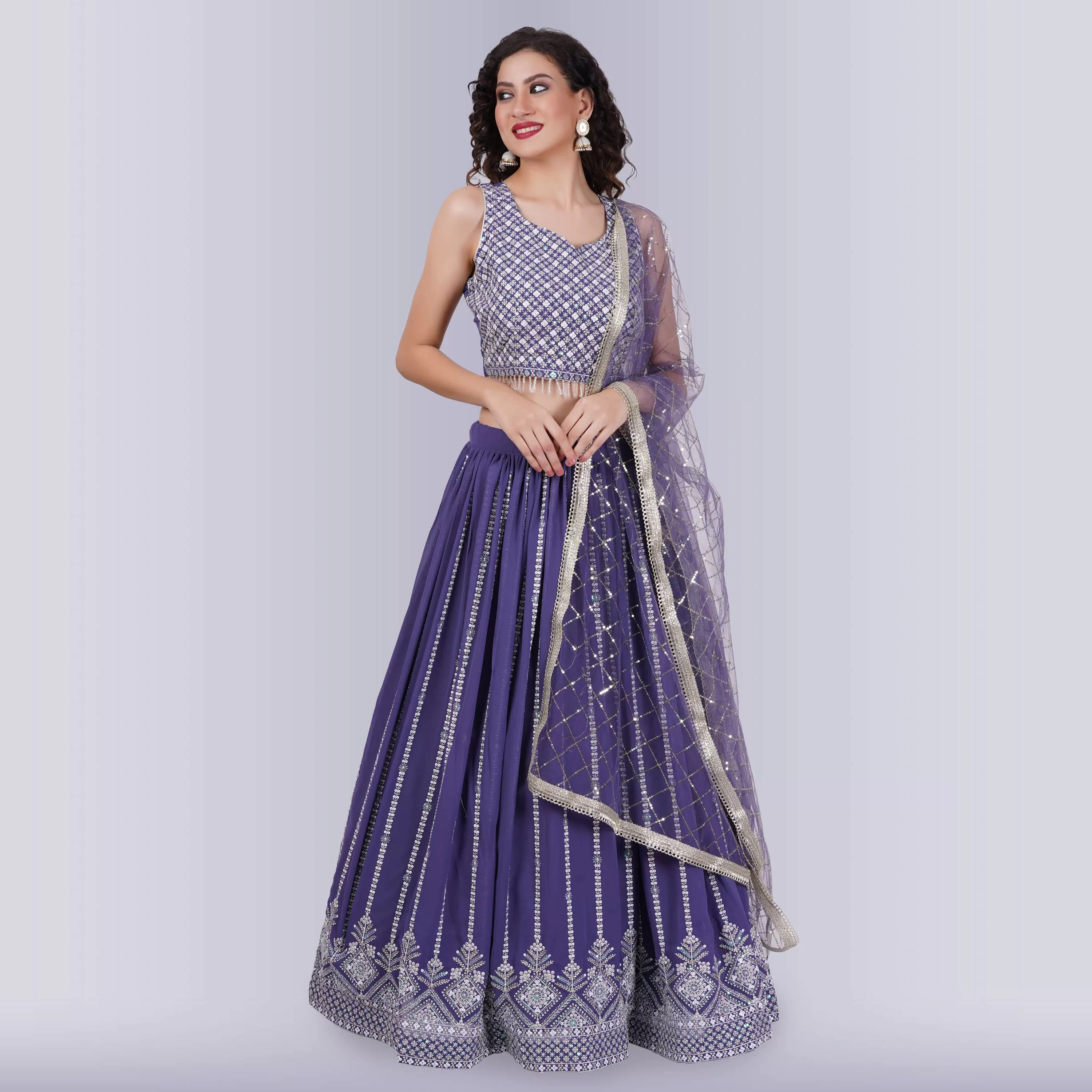 Lehenga Choli With White Sequin - Purple