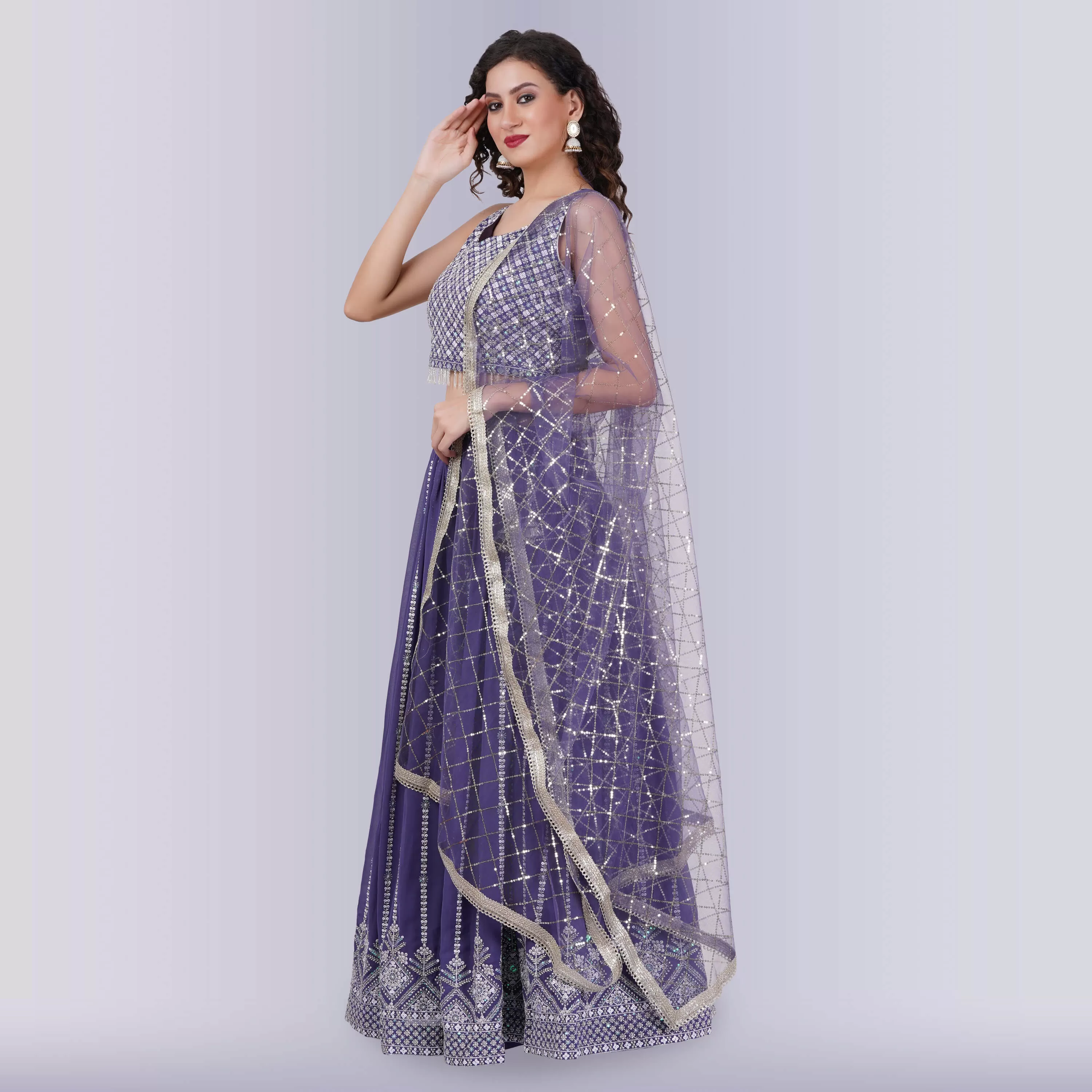 Lehenga Choli With White Sequin - Purple