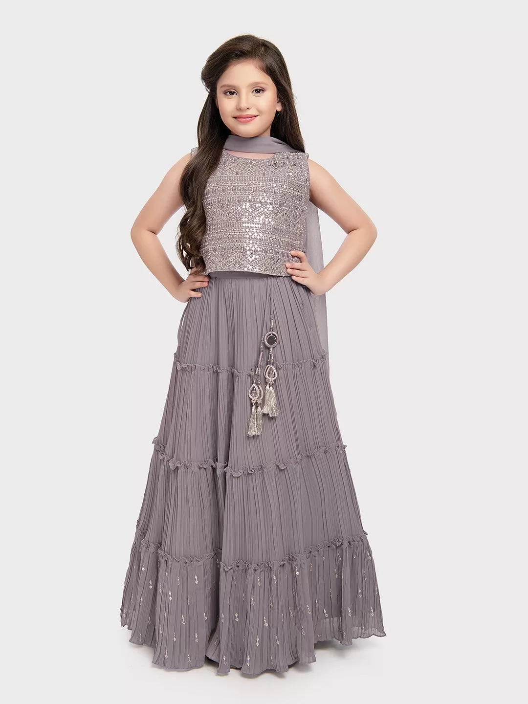 Lilac Coloured Sequinned Embellished Lehenga Choli with Ready-to-Wear Blouse and Dupatta - Georgette Fabric, Tassel Border For Girls