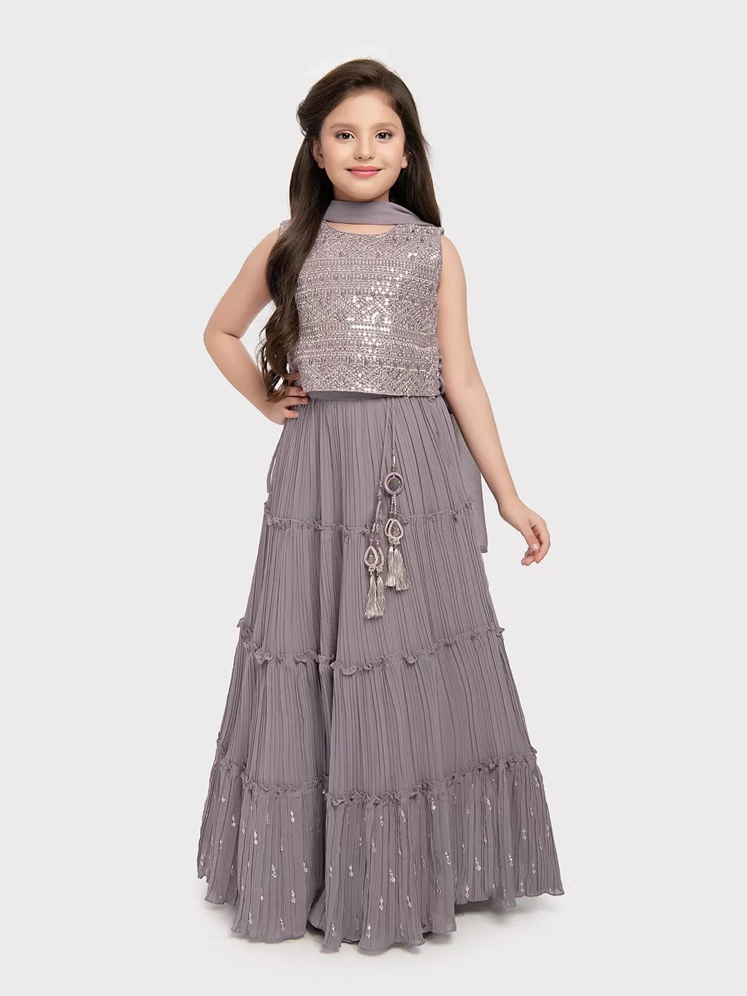 Lilac Coloured Sequinned Embellished Lehenga Choli with Ready-to-Wear Blouse and Dupatta - Georgette Fabric, Tassel Border For Girls