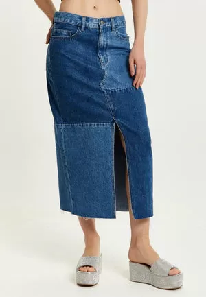 Liquorish Blue Denim Midi Skirt