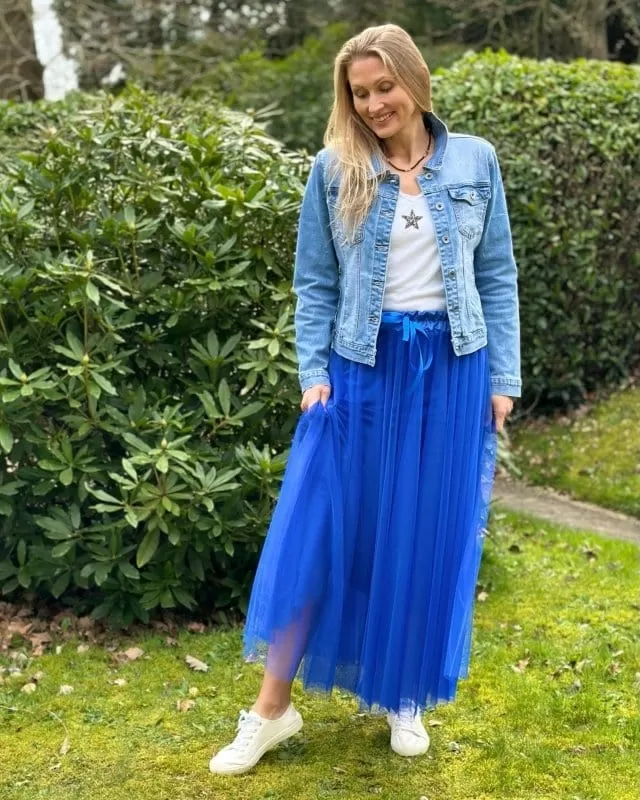 Long Pleated Tulle Skirt - Royal Blue