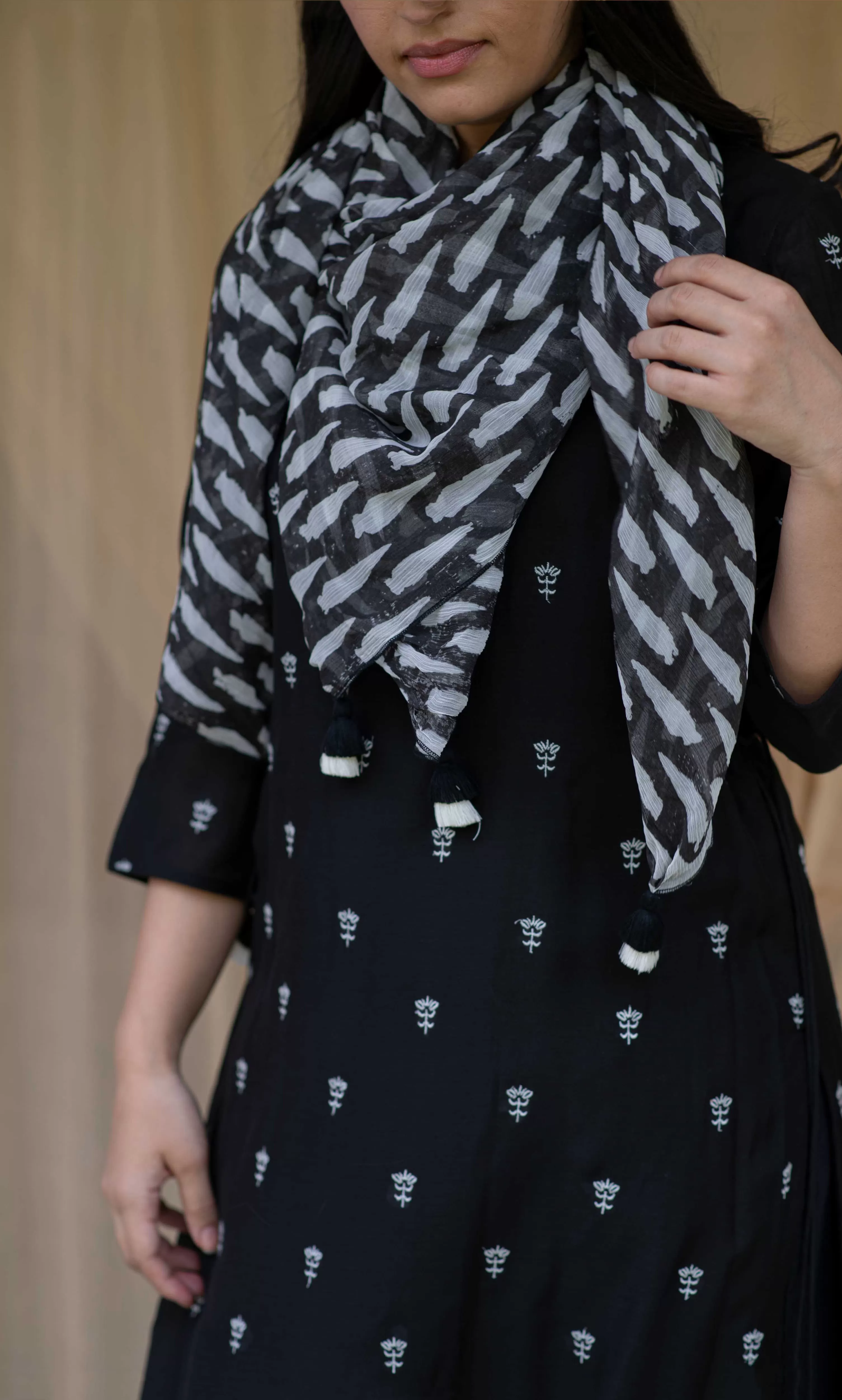 MIDNIGHT BLACK COTTON TUNIC WITH SCARF (SET OF 3)