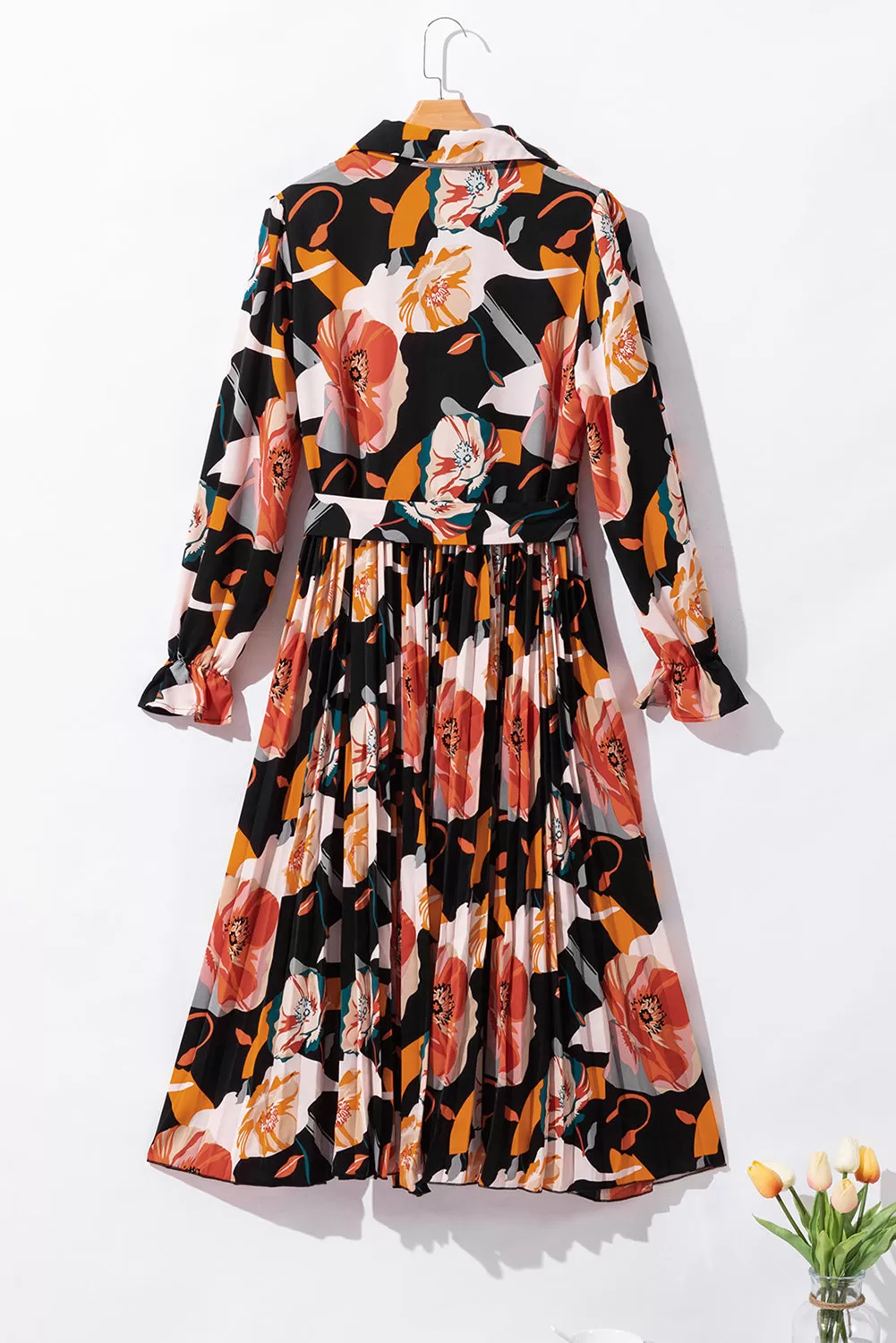 Multicolor Floral Print Waist Tie Pleated Midi Shirt Dress