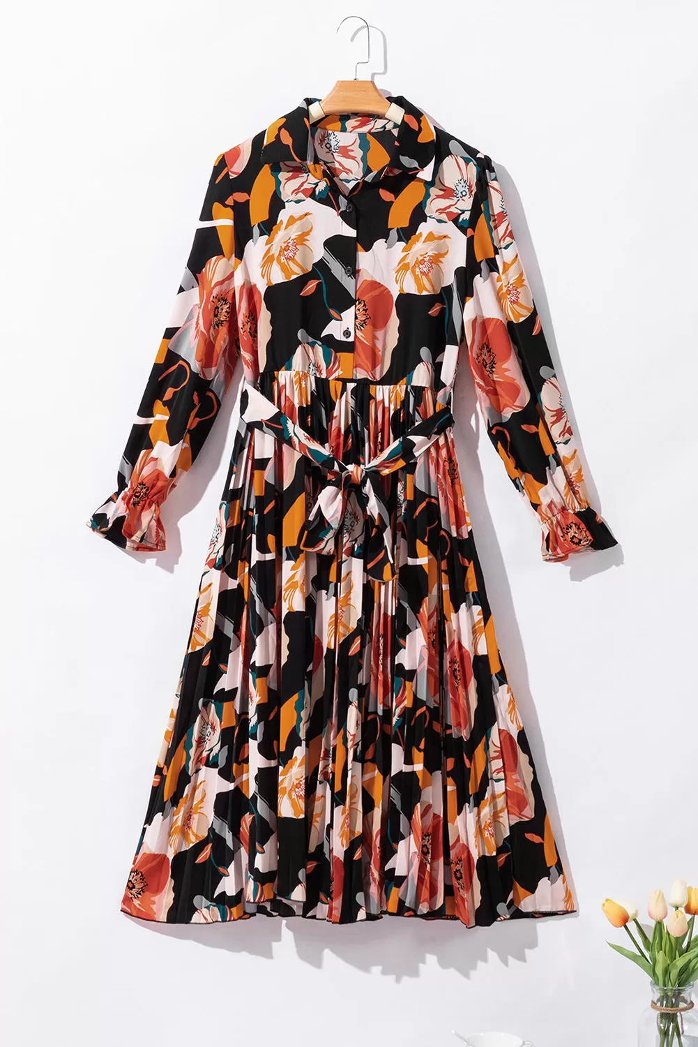 Multicolor Floral Print Waist Tie Pleated Midi Shirt Dress