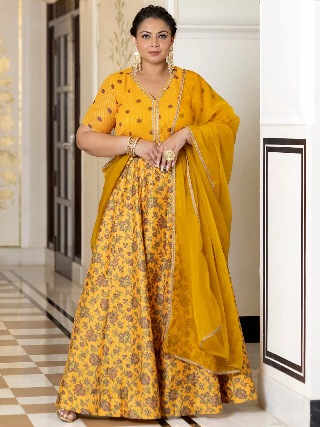 Mustard Georgette Embellished Lehenga Choli Dupatta