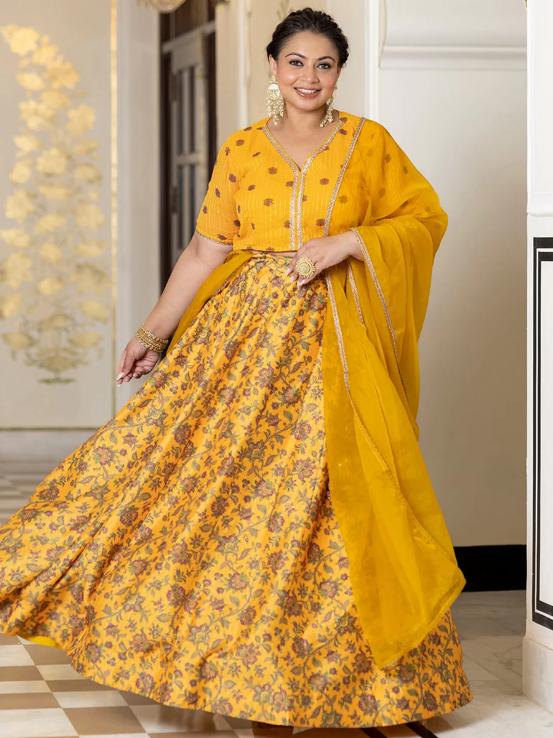 Mustard Georgette Embellished Lehenga Choli Dupatta