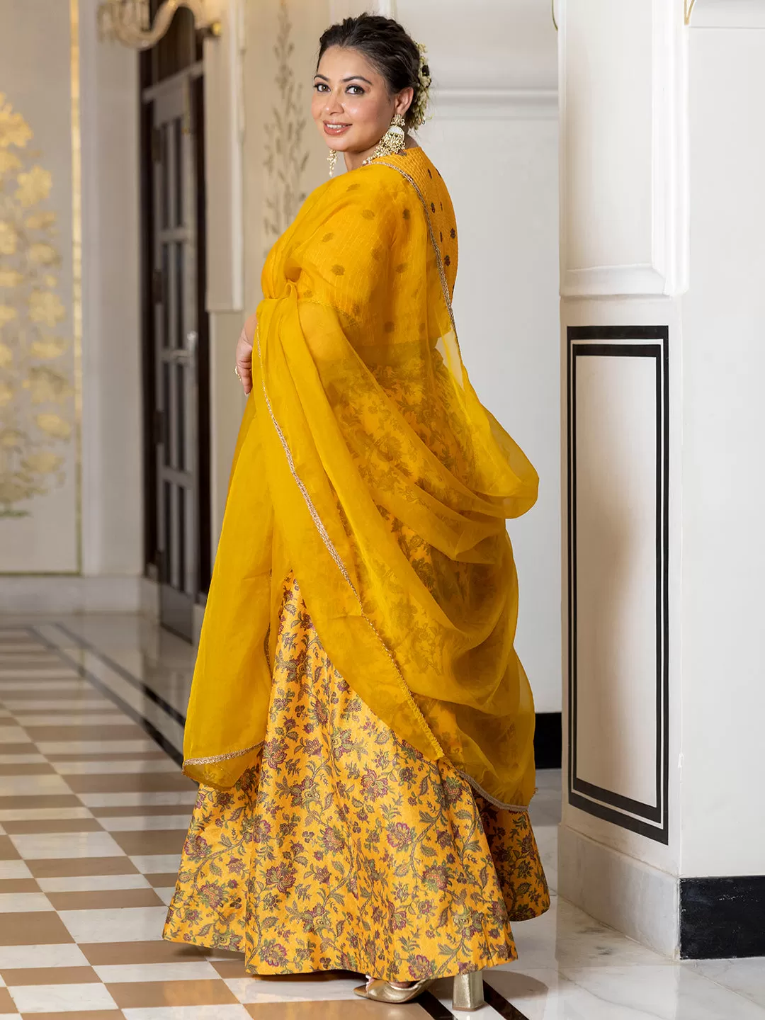 Mustard Georgette Embellished Lehenga Choli Dupatta