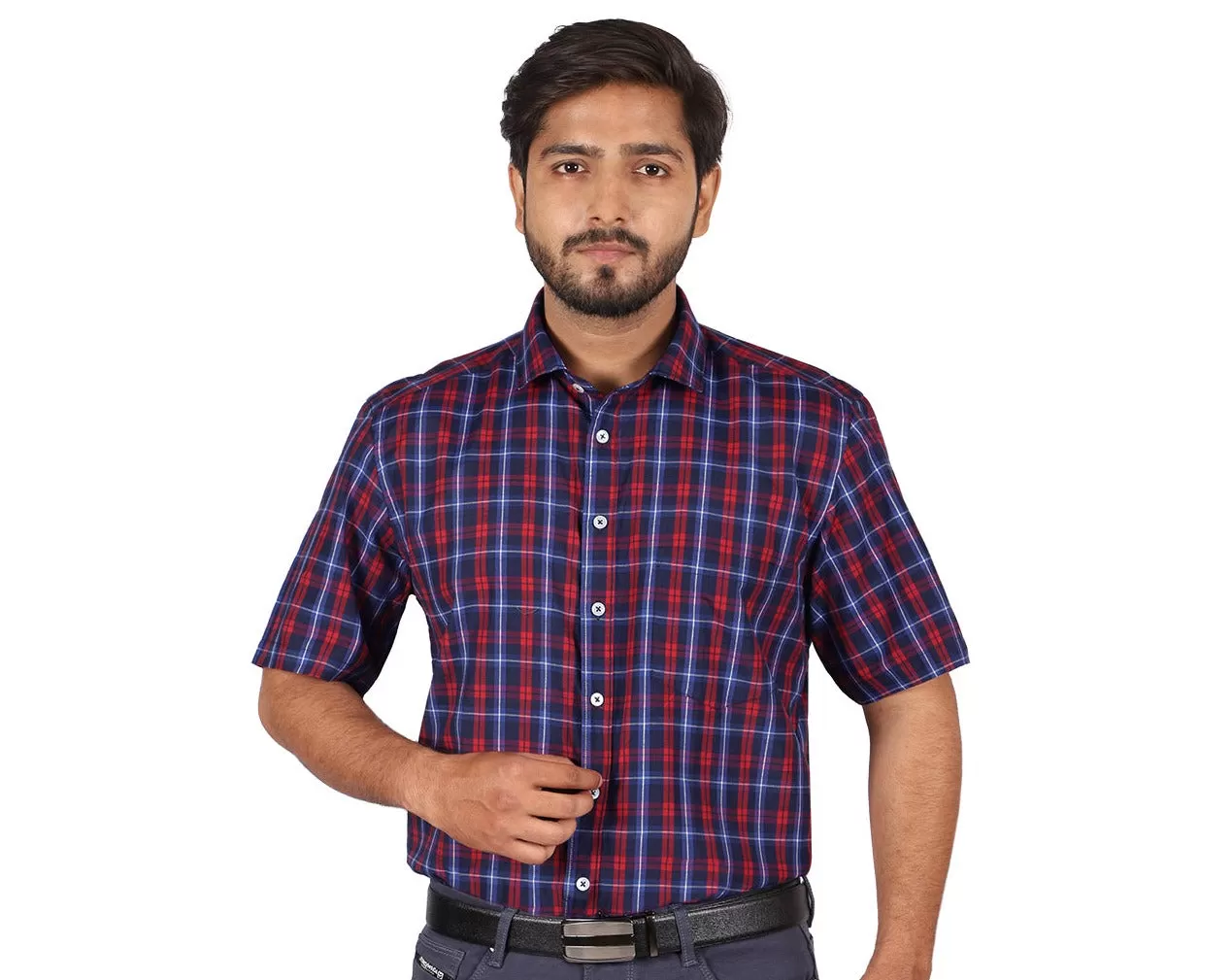 Navy & Red Graph Check Half Sleeve Shirt