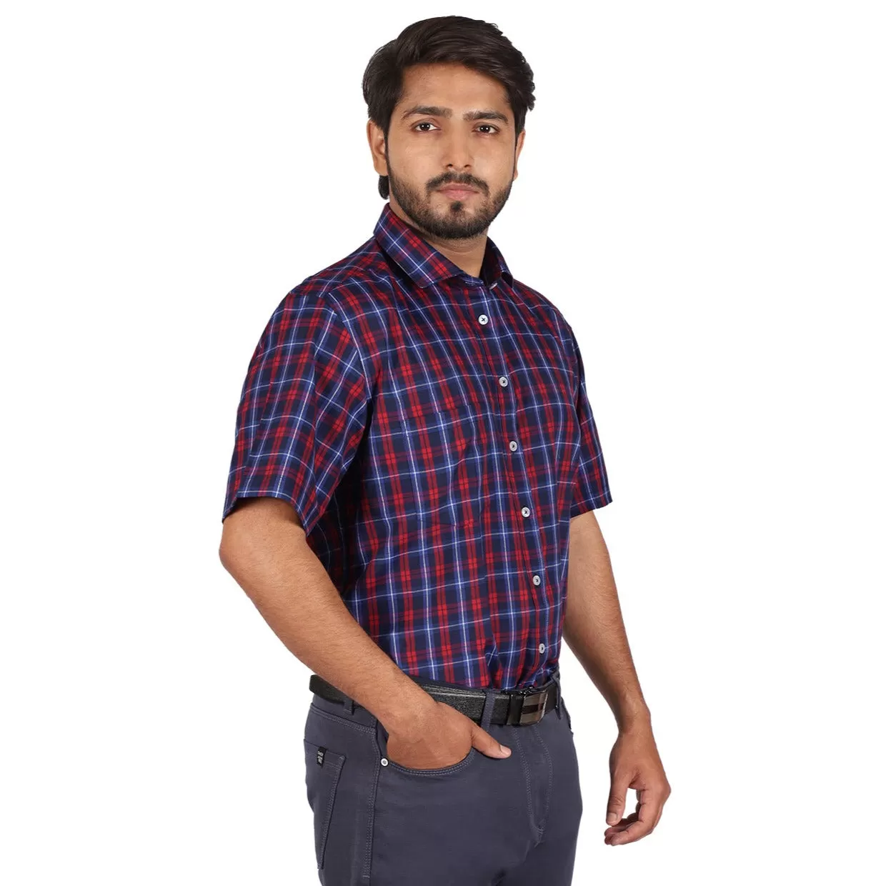 Navy & Red Graph Check Half Sleeve Shirt