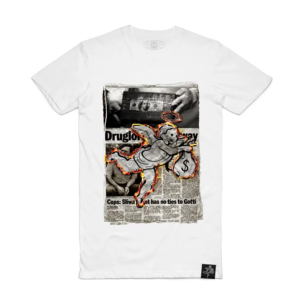 NEWSPAPER BURNING ANGEL TEE WHITE