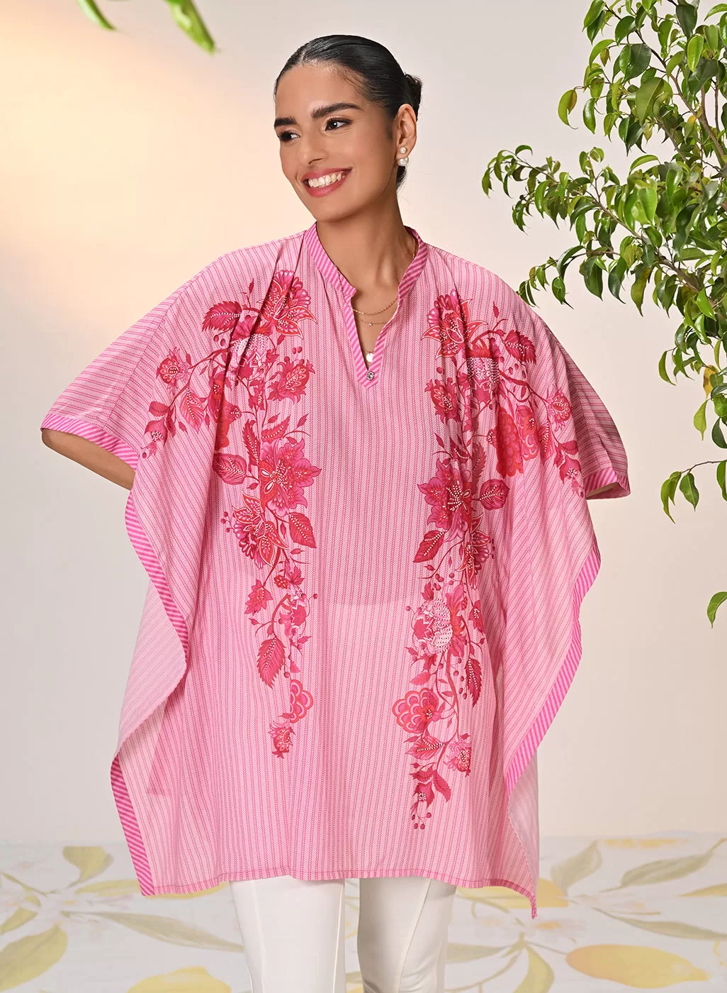 Nyasia Rouge Pink Printed Georgette Kaftan for Women