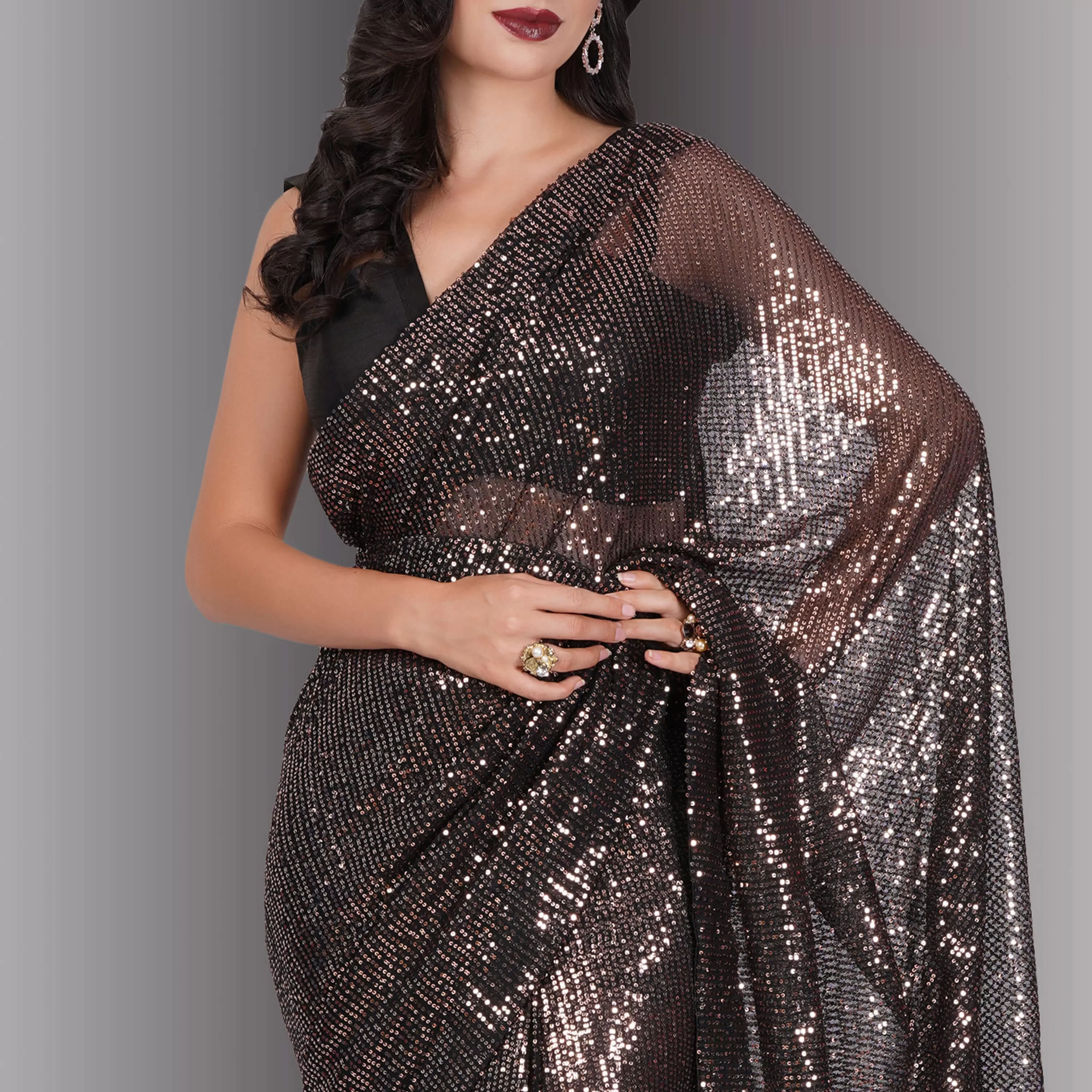 One Minute Saree - Black with Red Sequins