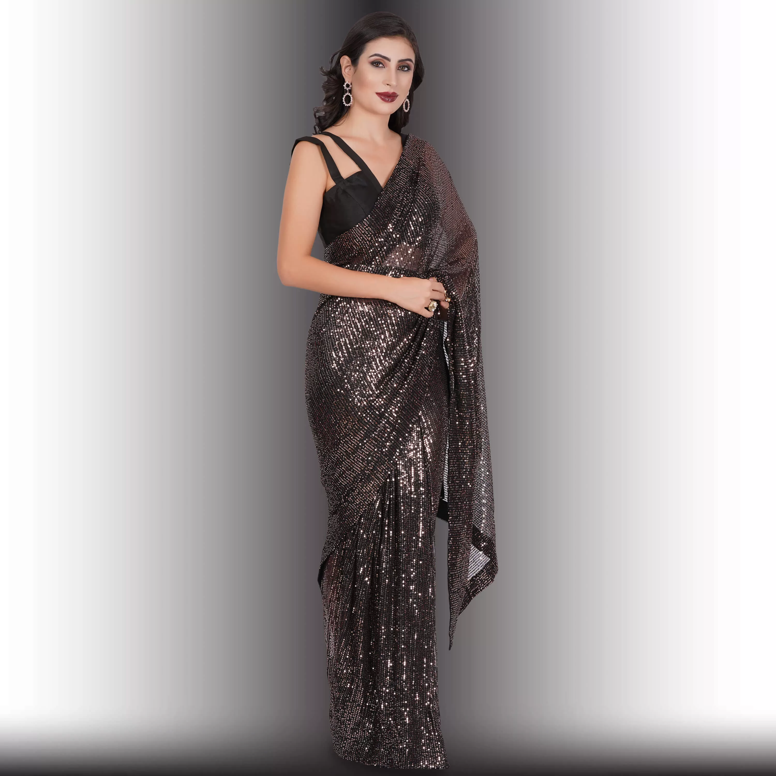 One Minute Saree - Black with Red Sequins