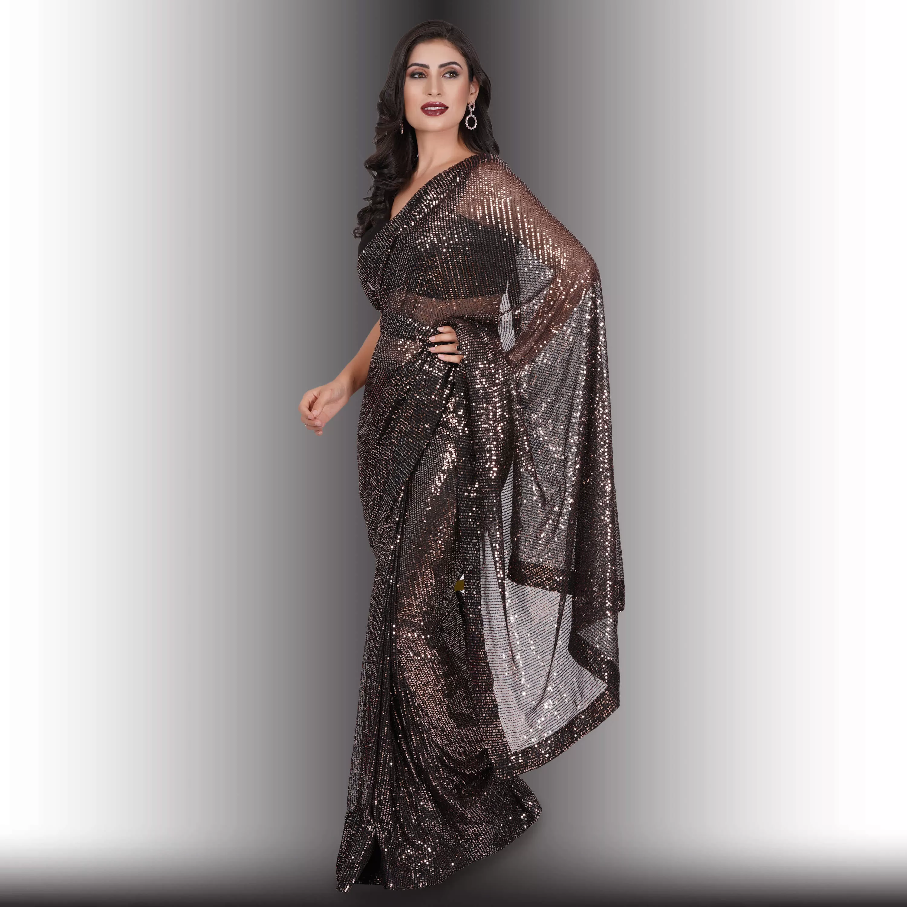 One Minute Saree - Black with Red Sequins