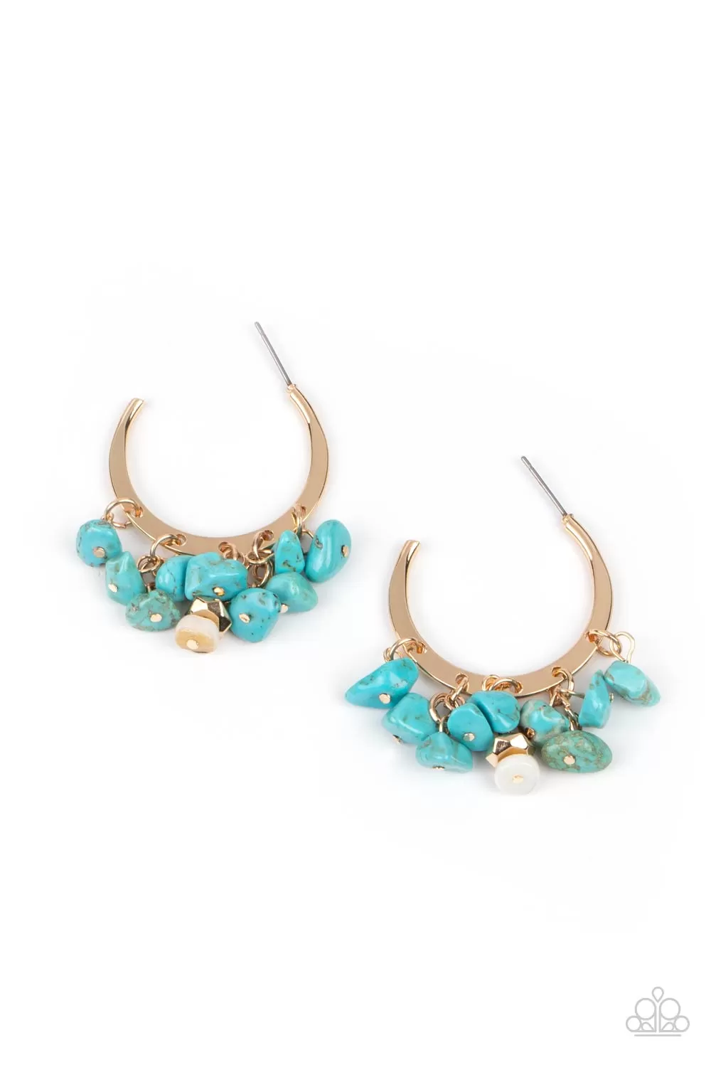 Paparazzi Earring Gorgeously Grounding - Gold Turquoise Pebbles Hoop